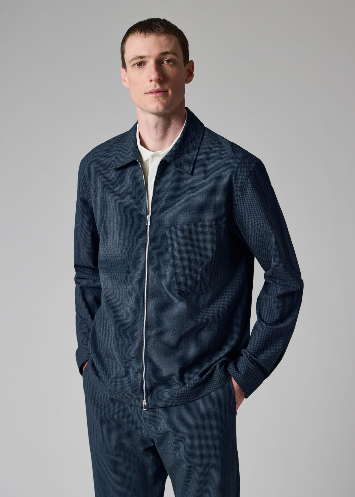 Men's Blue Seersucker Check Zip Shirt Jacket