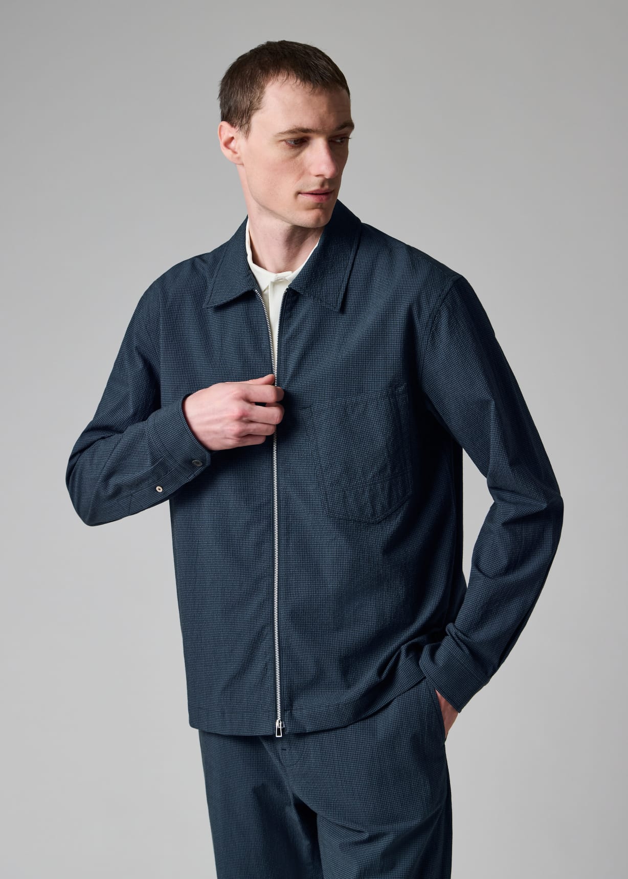 Men's Blue Seersucker Check Zip Shirt Jacket