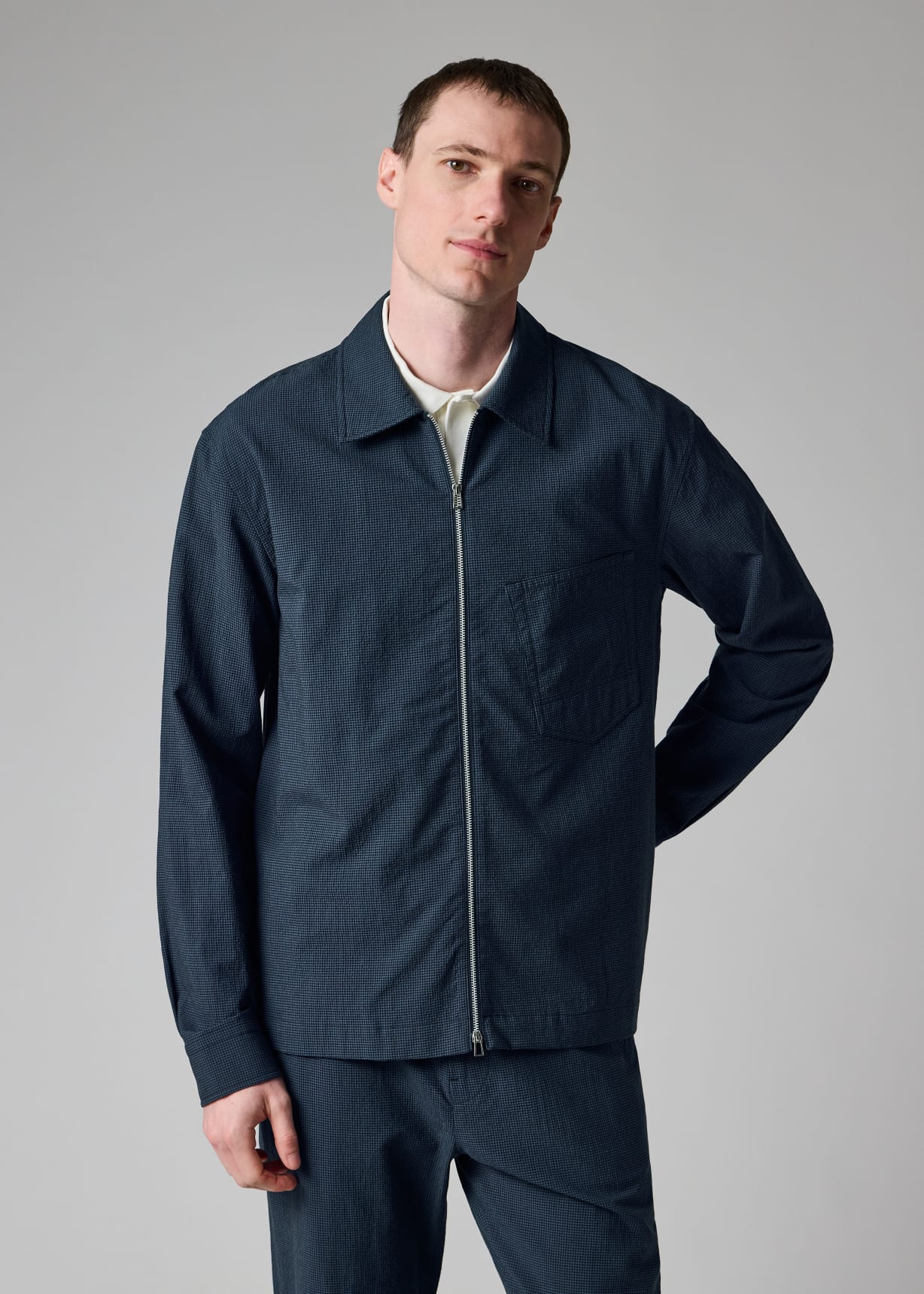 Men's Blue Seersucker Check Zip Shirt Jacket