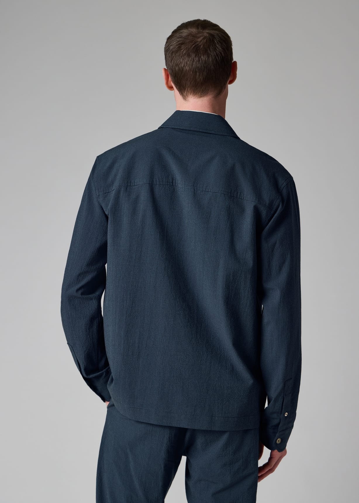 Men's Blue Seersucker Check Zip Shirt Jacket