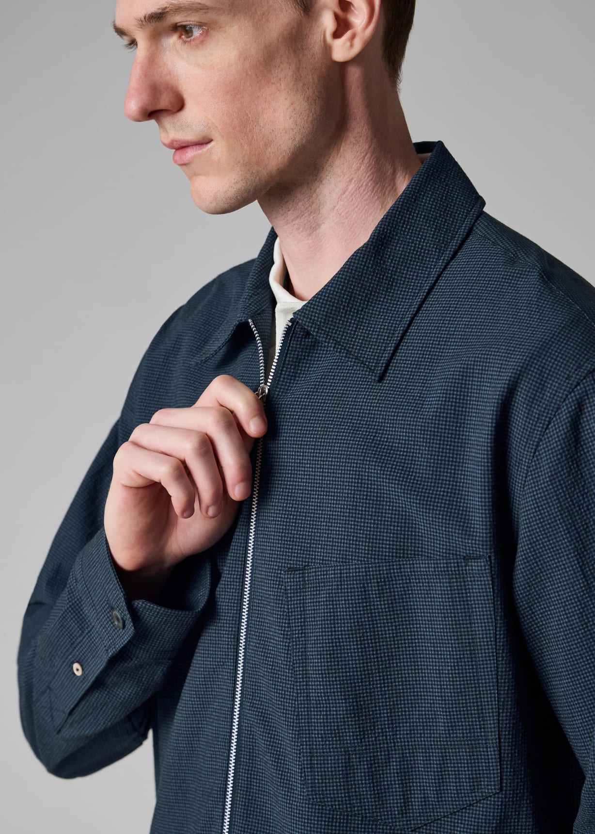 Men's Blue Seersucker Check Zip Shirt Jacket