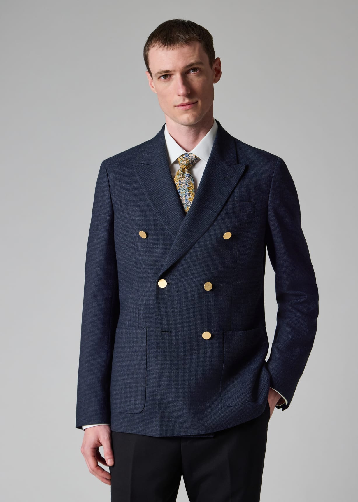 Men's Navy Check Two-Ply Merino Wool Double-Breasted Blazer