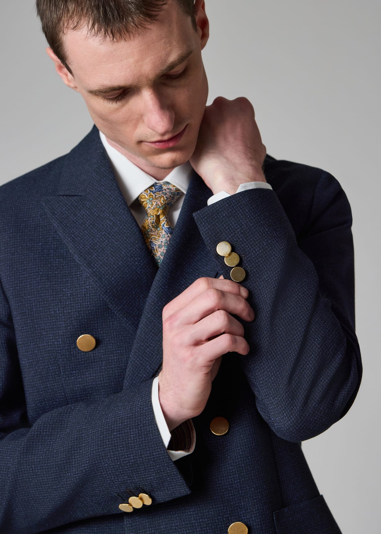 Men's Navy Check Two-Ply Merino Wool Double-Breasted Blazer