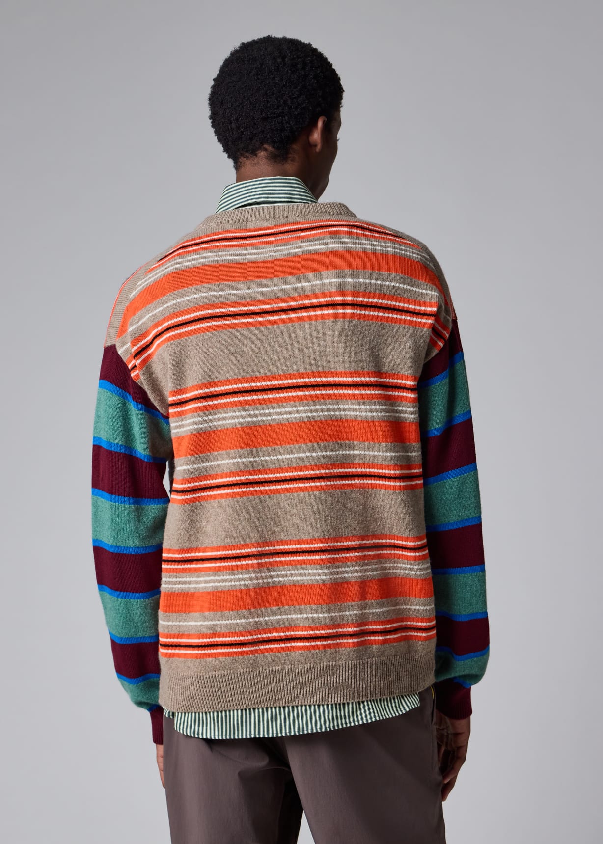 Men's Orange Contrast-Sleeve Lambswool-Cotton Stripe Sweater