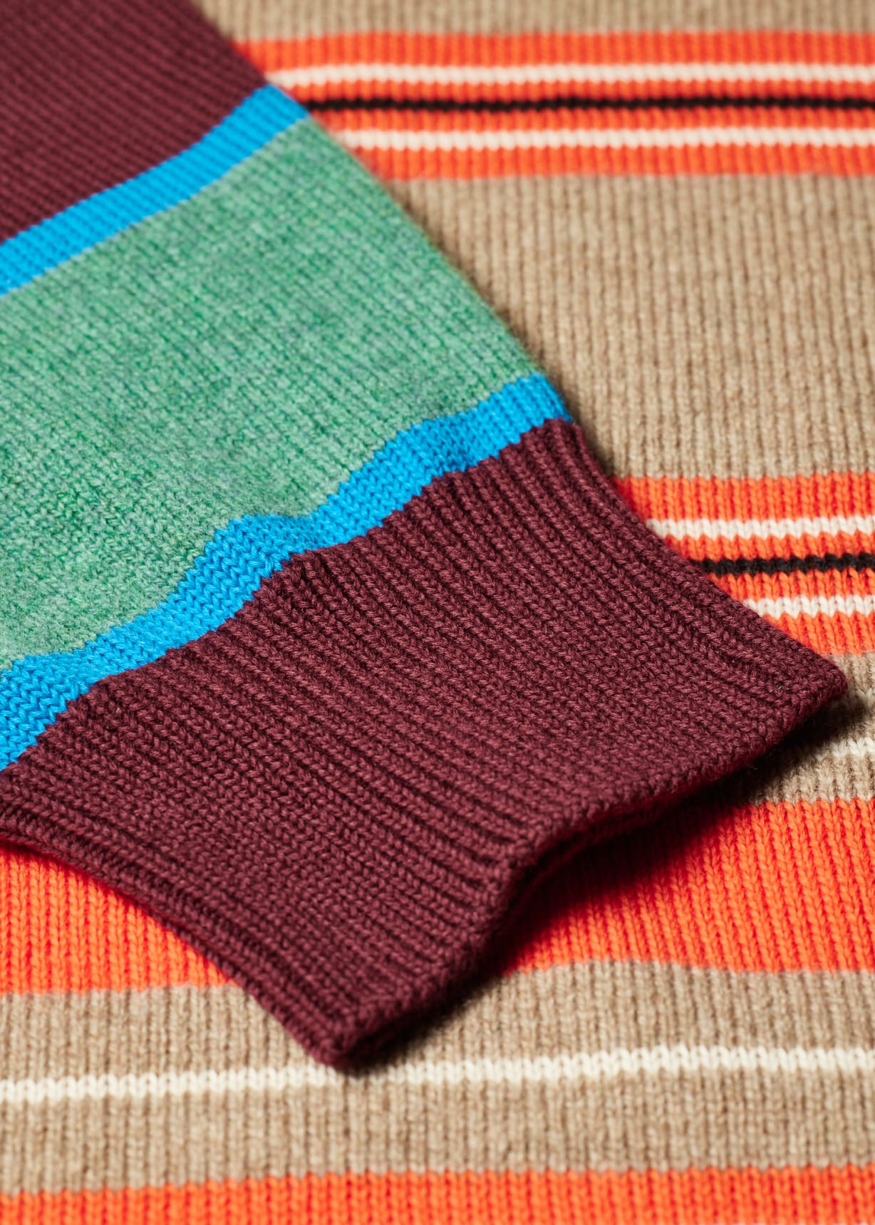 Men's Orange Contrast-Sleeve Lambswool-Cotton Stripe Sweater