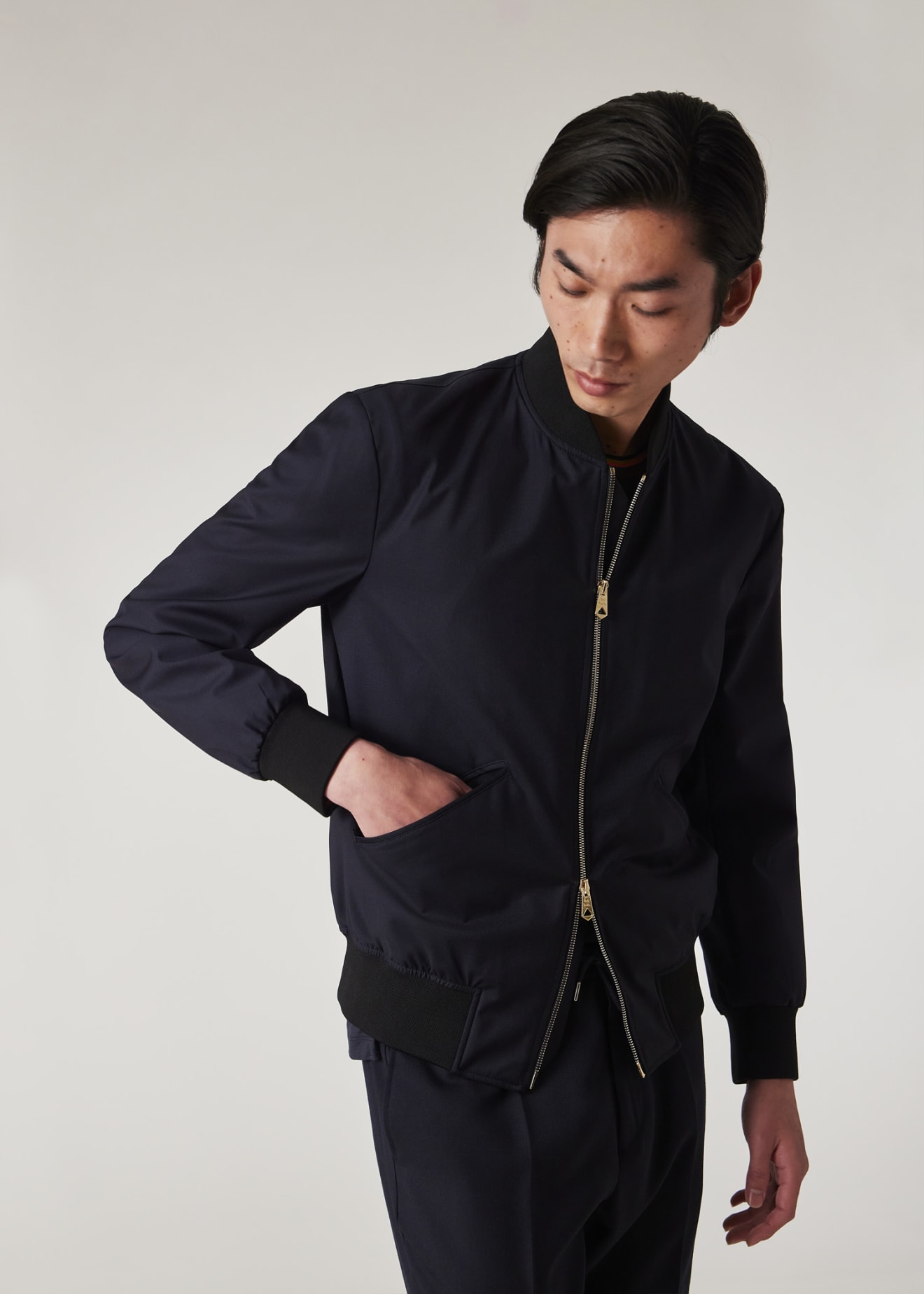 Model View -Dark Navy 'Storm System' Wool Bomber Jacket Paul Smith