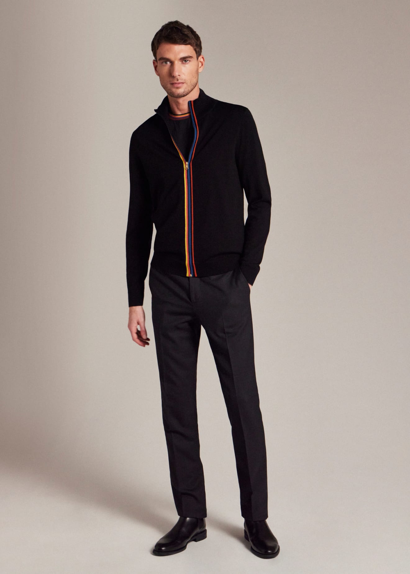 Model View - Black Washable Wool 'Artist Stripe' Zip-Through Cardigan Paul Smith