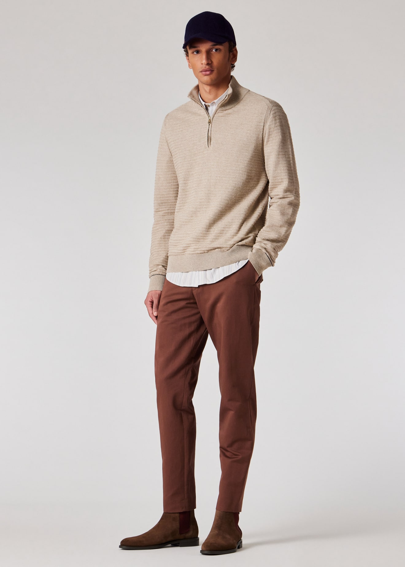 Model View - Oatmeal Cotton-Linen Zip-Neck Sweater Paul Smith