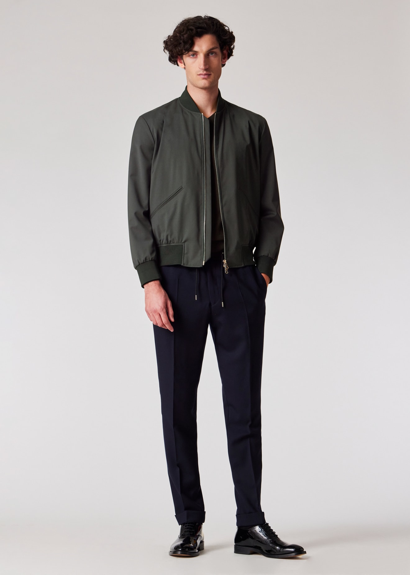 Model view - Dark Green 'Storm System' Wool Bomber Jacket Paul Smith