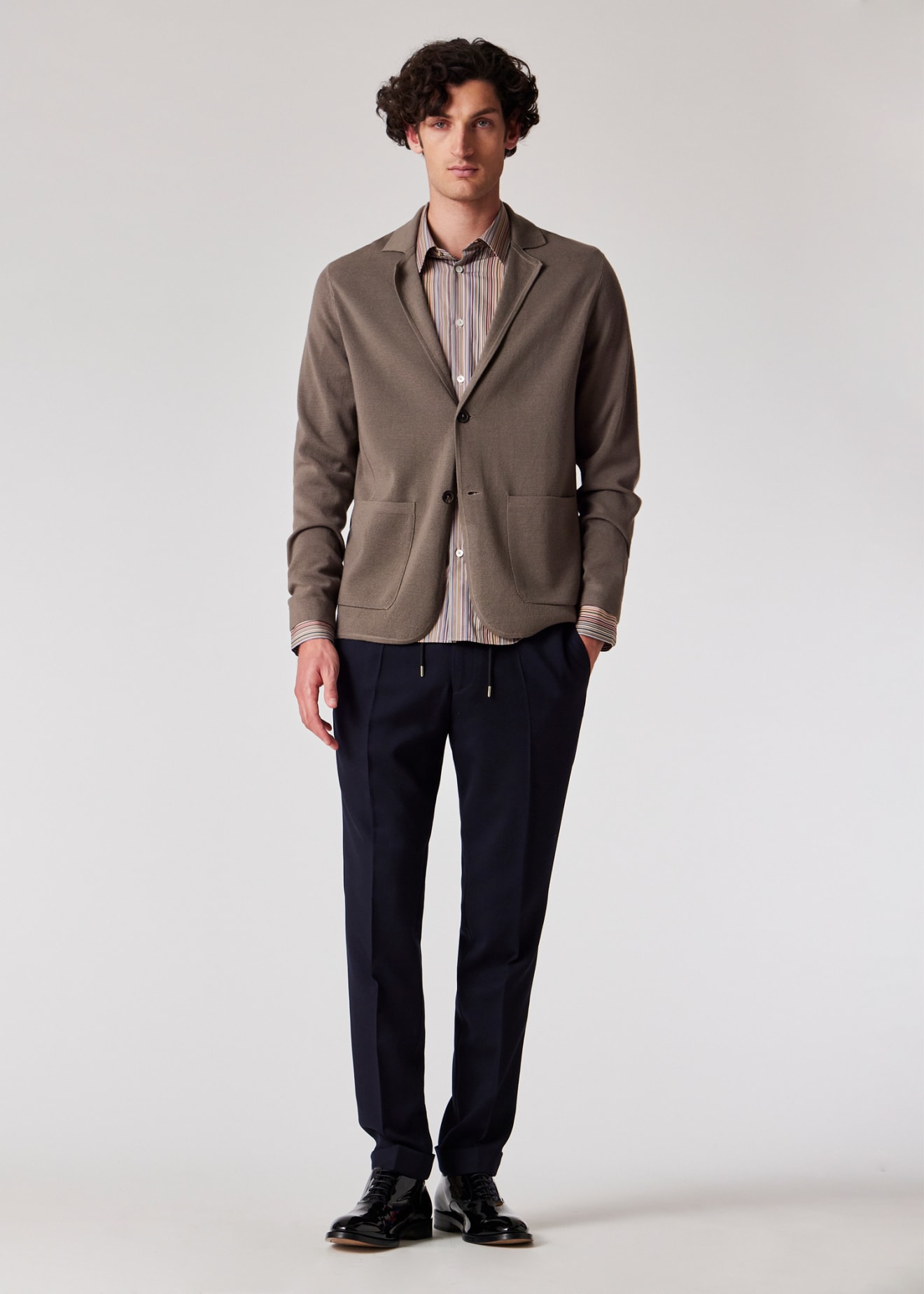 Model View - Men's Taupe Merino Wool Cardigan Blazer by Paul Smith