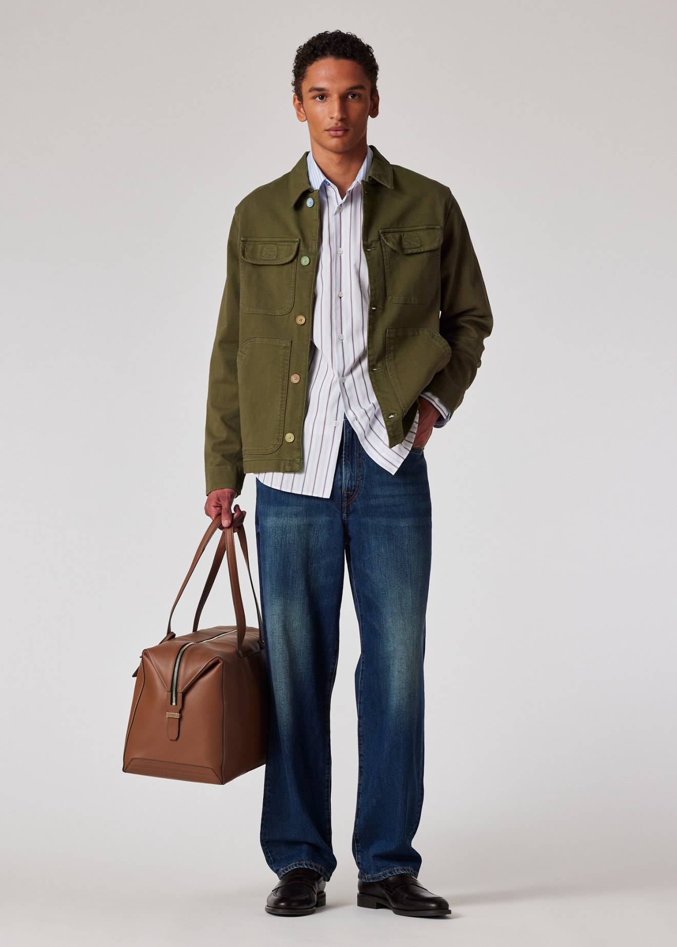 Model View - Khaki Garment-Dyed Stretch-Cotton Chore Jacket Paul Smith