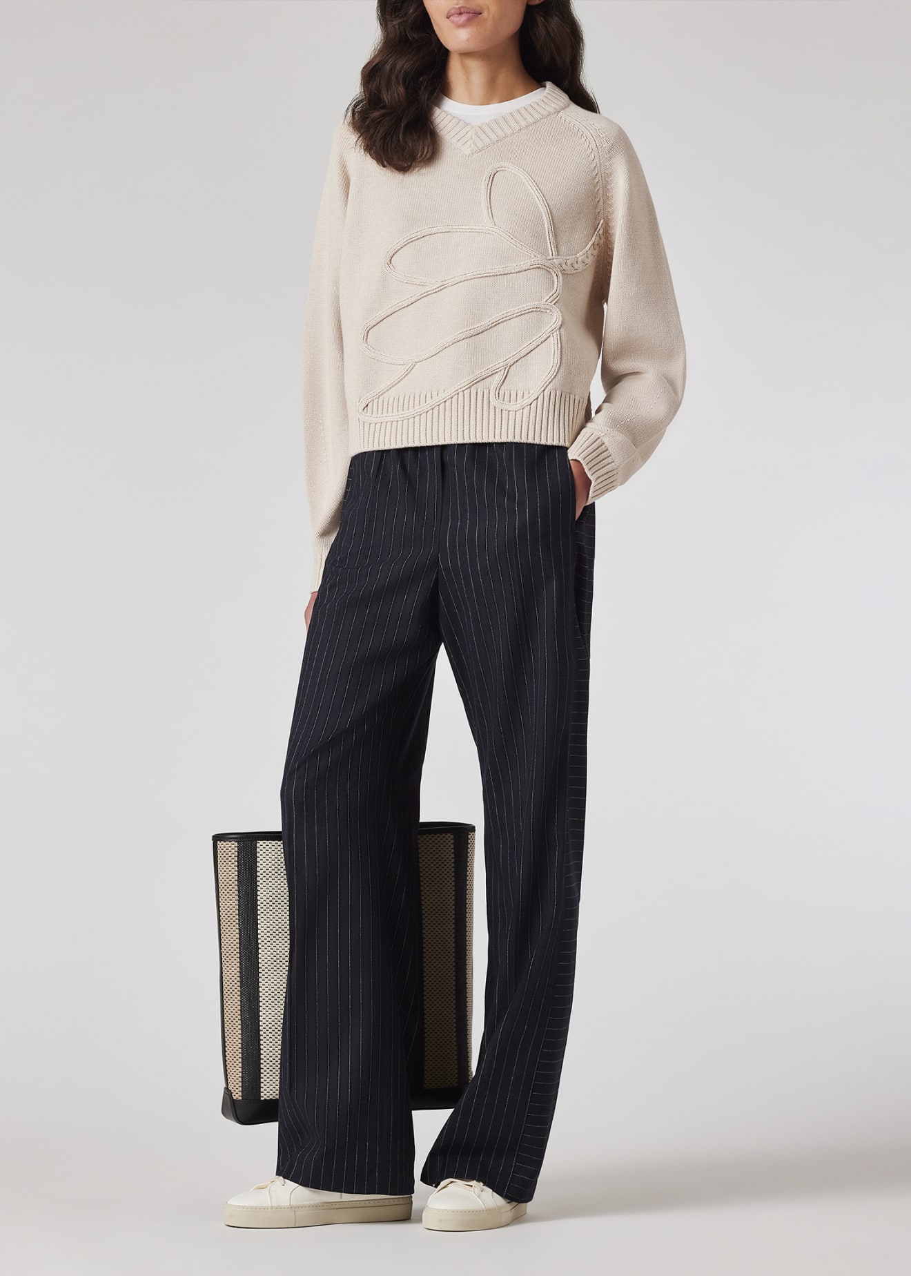 Women's Navy Pinstripe Wide Leg Wool Trousers