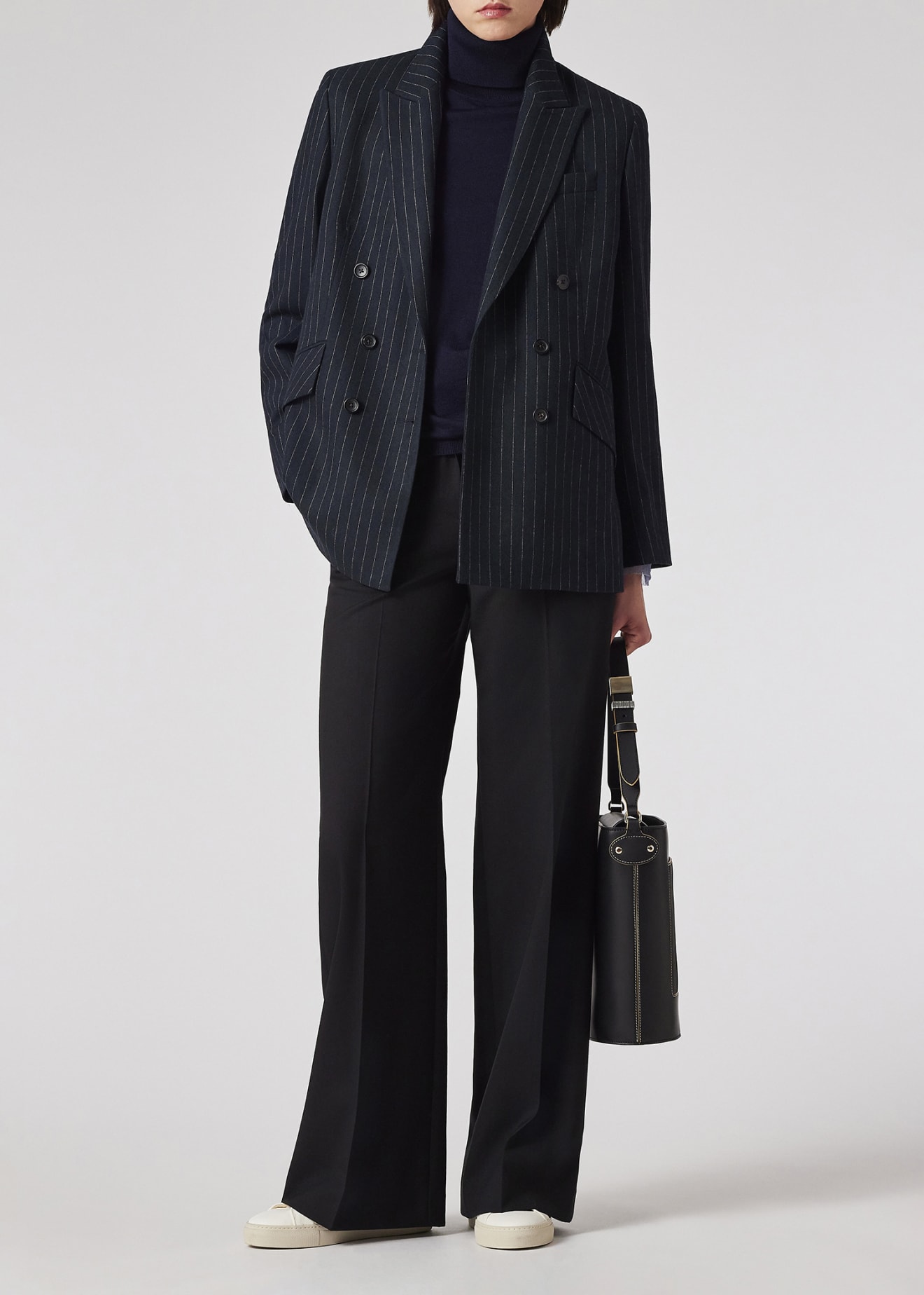 Women's Navy Pinstripe WoolBlend Double Breasted Blazer — free download