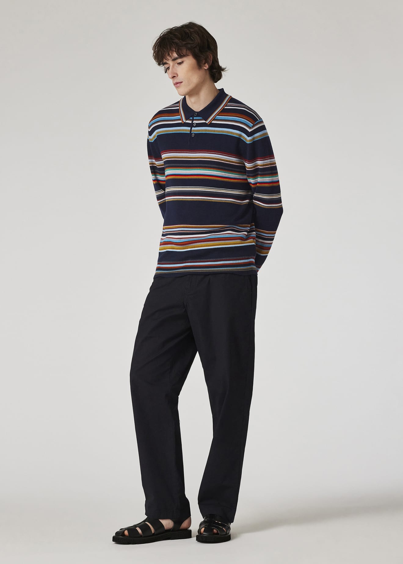 Men's Navy 'Signature Stripe' Merino Wool Knitted Polo Shirt