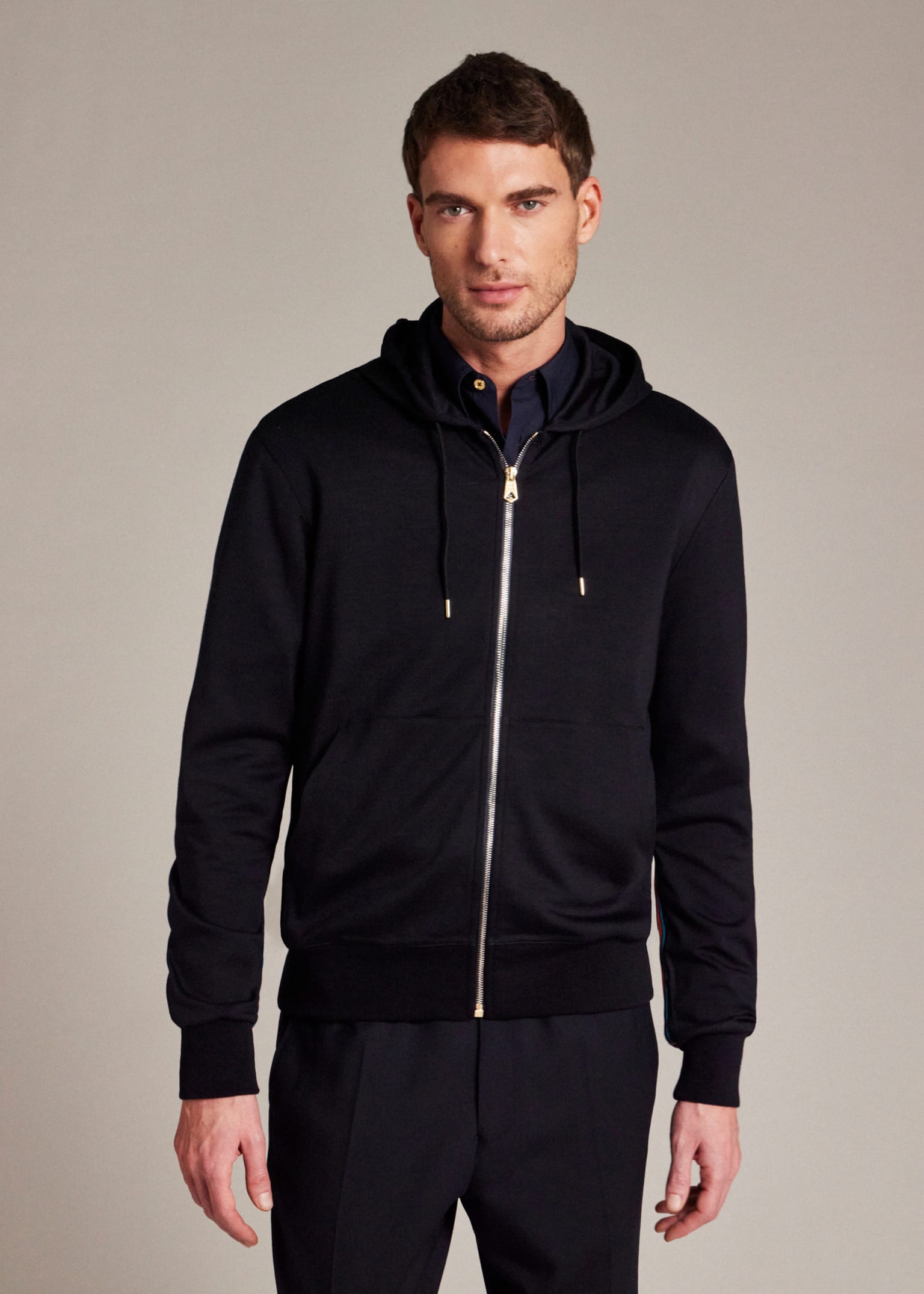 Men's Navy Zip-Front Washable Wool 'Signature Stripe' Hoodie