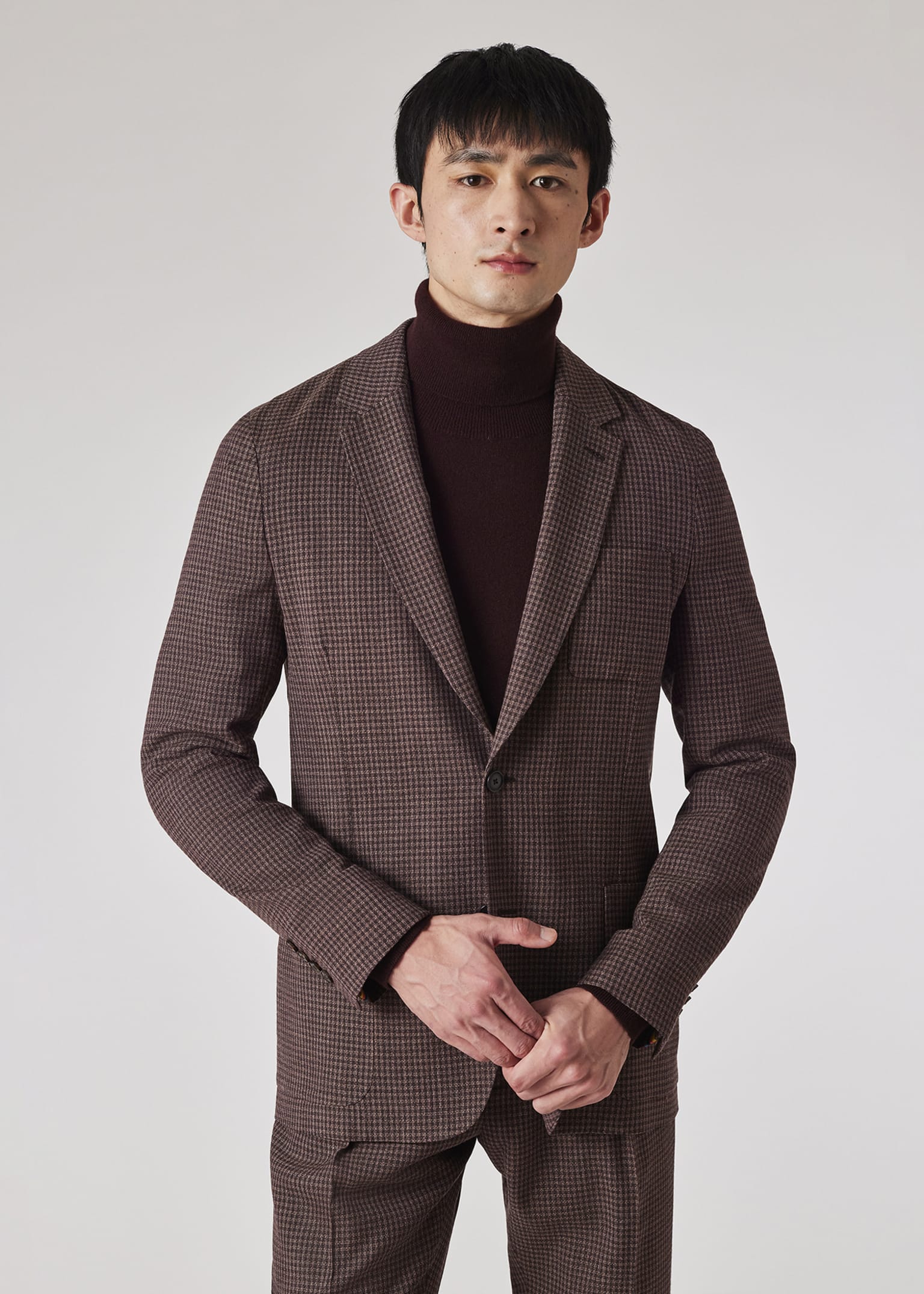 Men's Brown Stretch-Wool Gingham Check Blazer