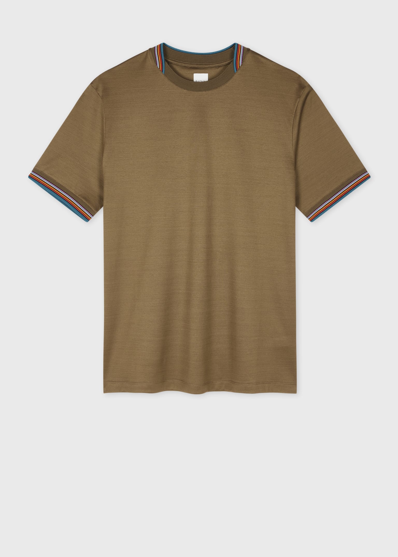 Tシャツ・カットソー Paul Smith Paul Smith Cotton T-Shirt (M1R112Y M00088 01) Men's Dark Khaki Mercerised Cotton 'Signature Stripe' Trim T