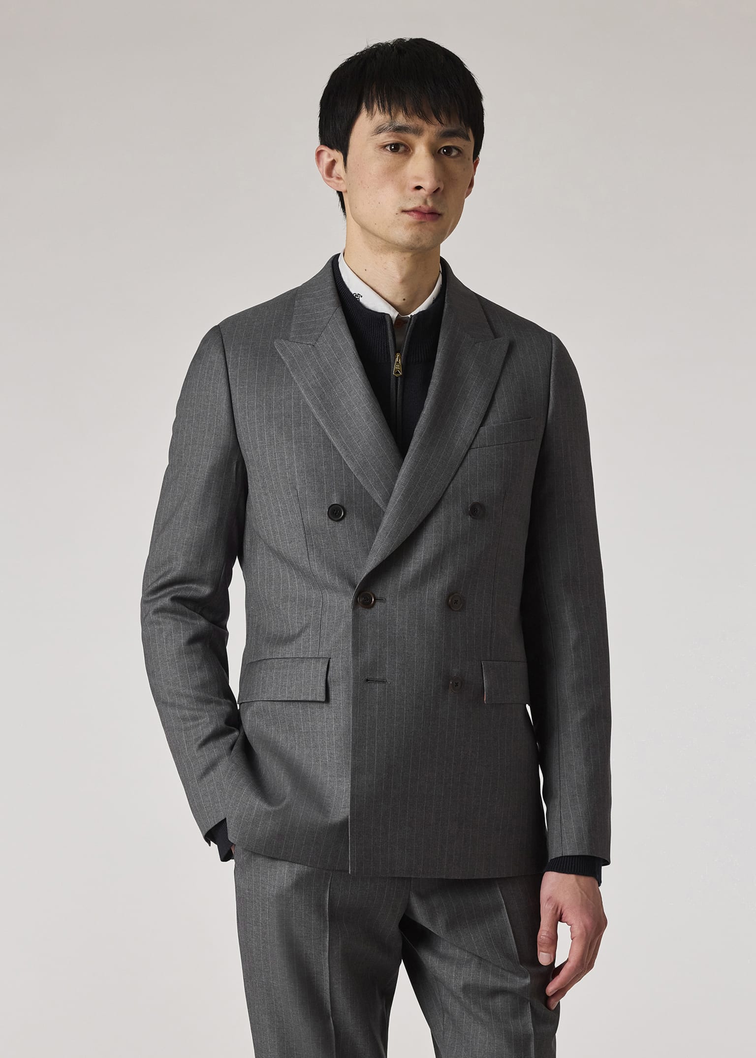 美品Paul Smith ダークグレー 総裏sizeS Men's Tailored-Fit Grey Pinstripe Wool Double-Breasted Blazer