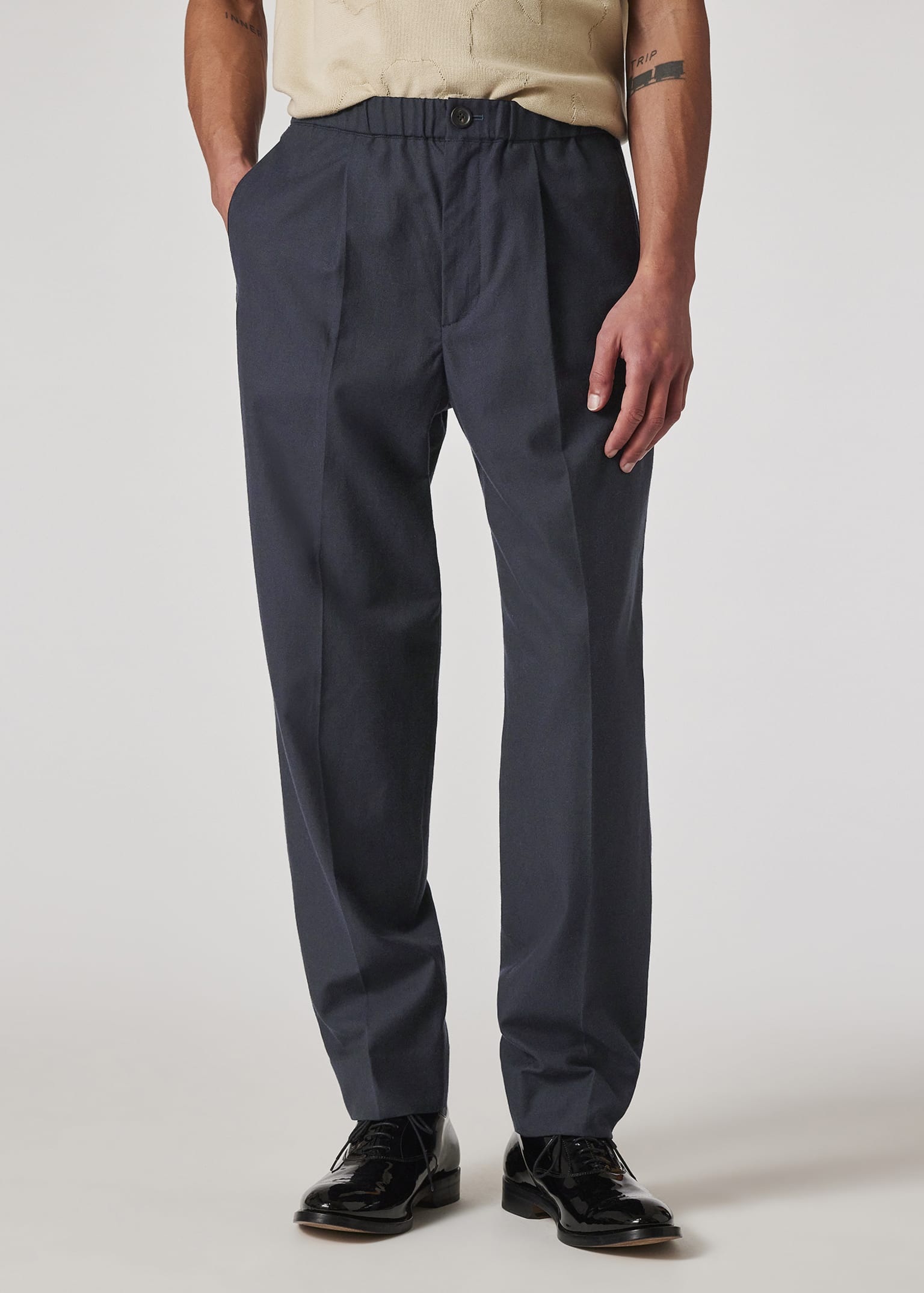 Men's Navy Wool And Cotton-Blend Elasticated Waist Trousers
