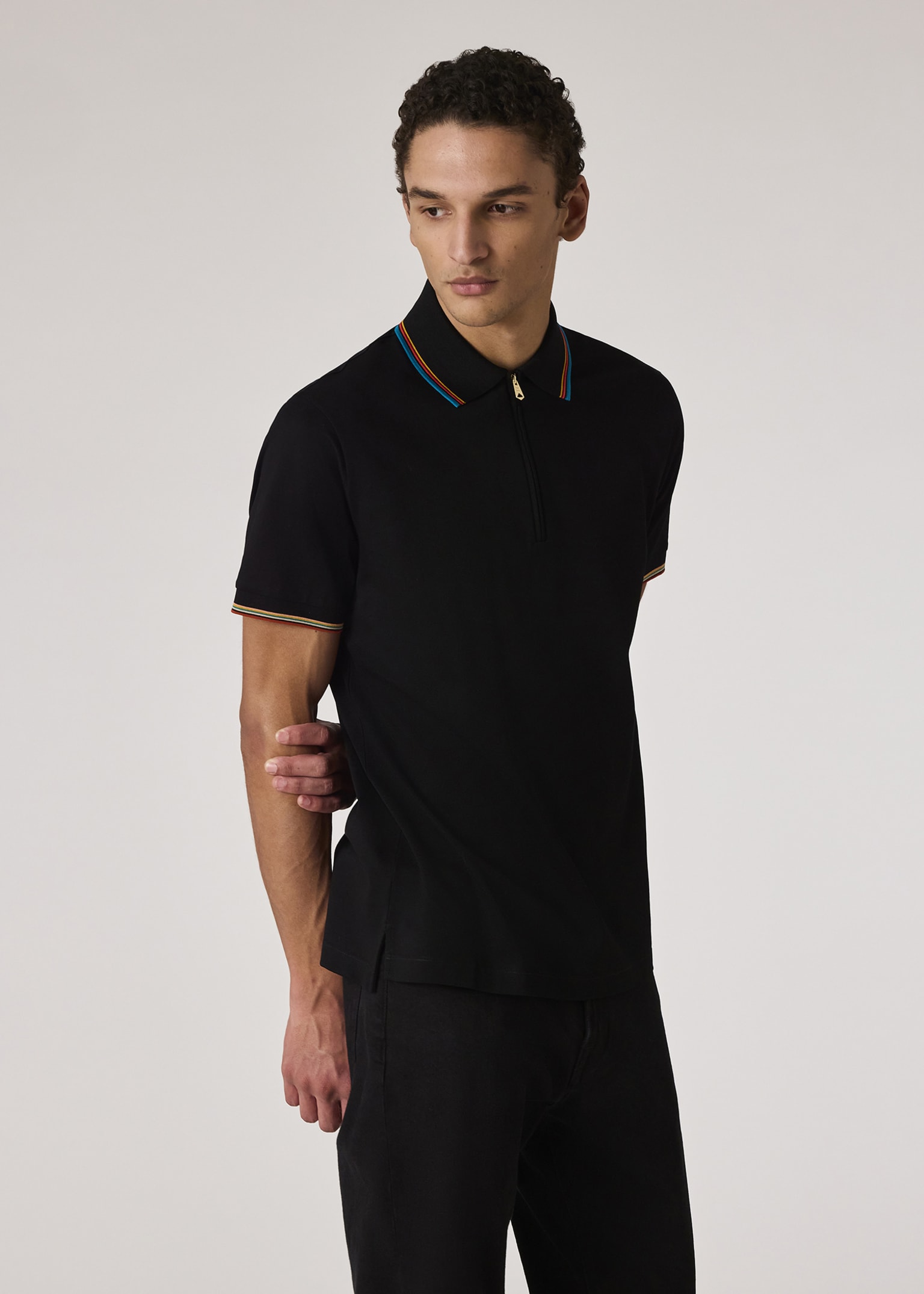Men's Black Cotton 'Signature Stripe' Trim Zip Polo Shirt