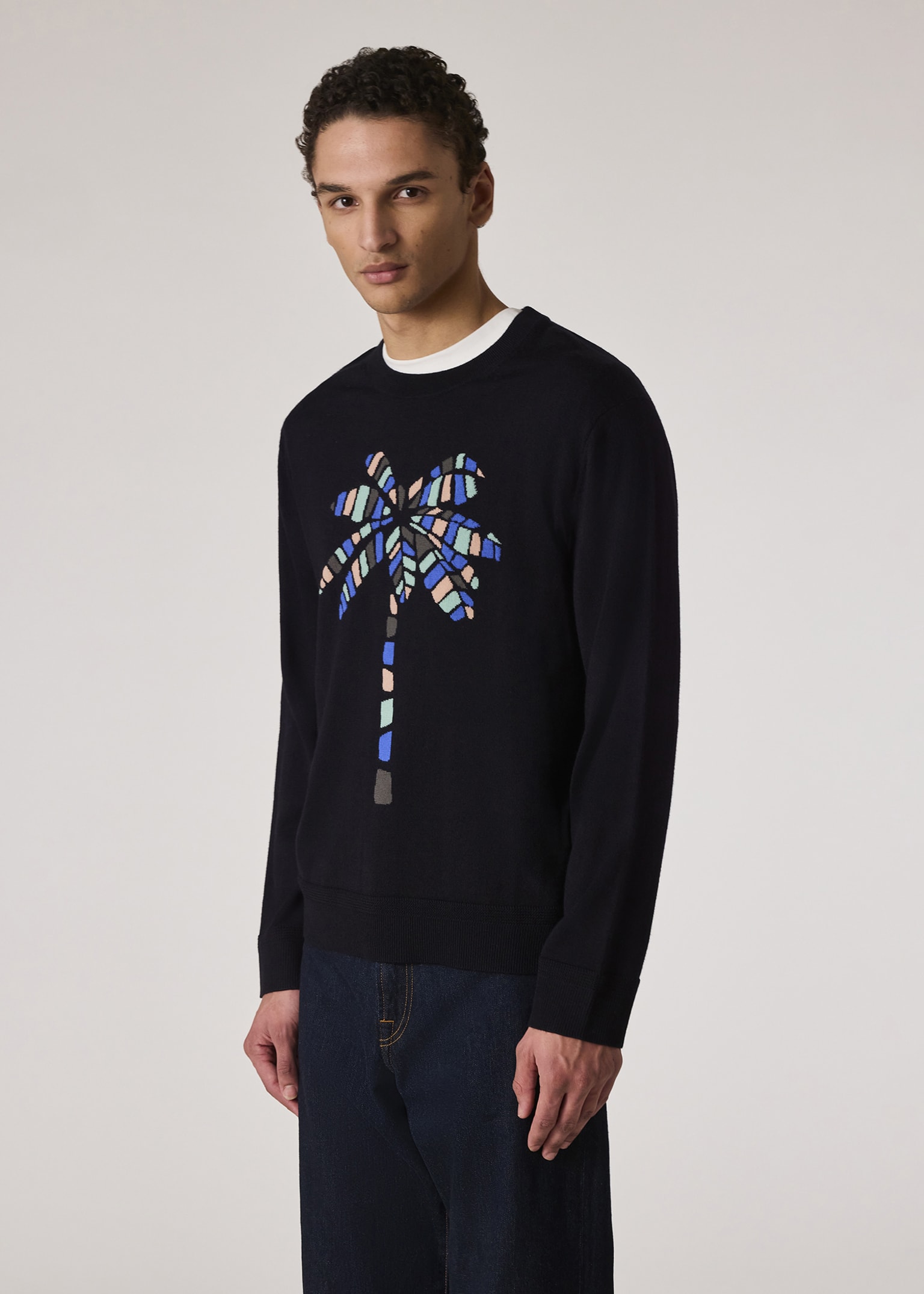 Men's Navy Merino Wool 'Palm Tree' Sweater