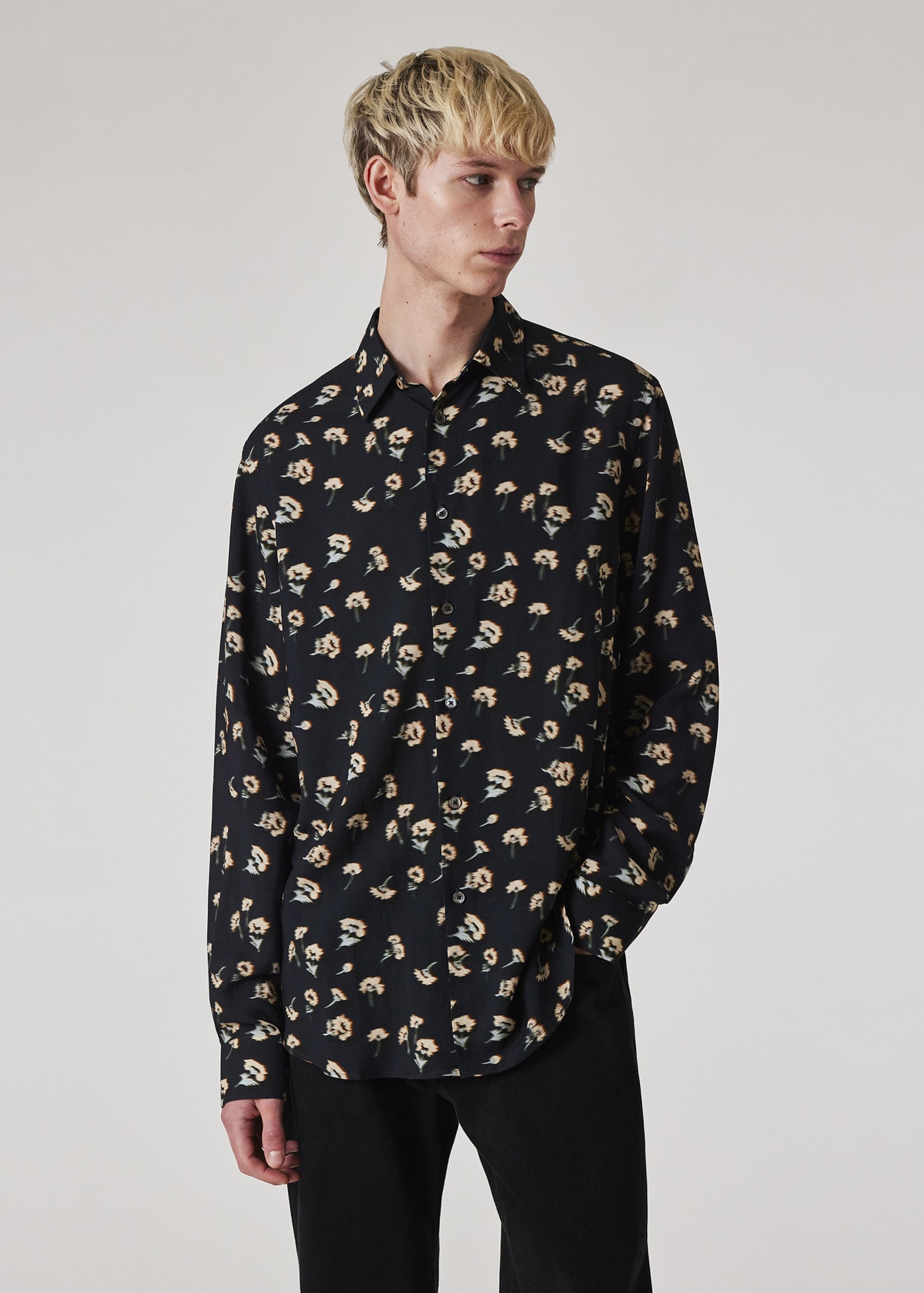 Men's Navy 'Shadow Floral' Print Viscose-Linen Shirt