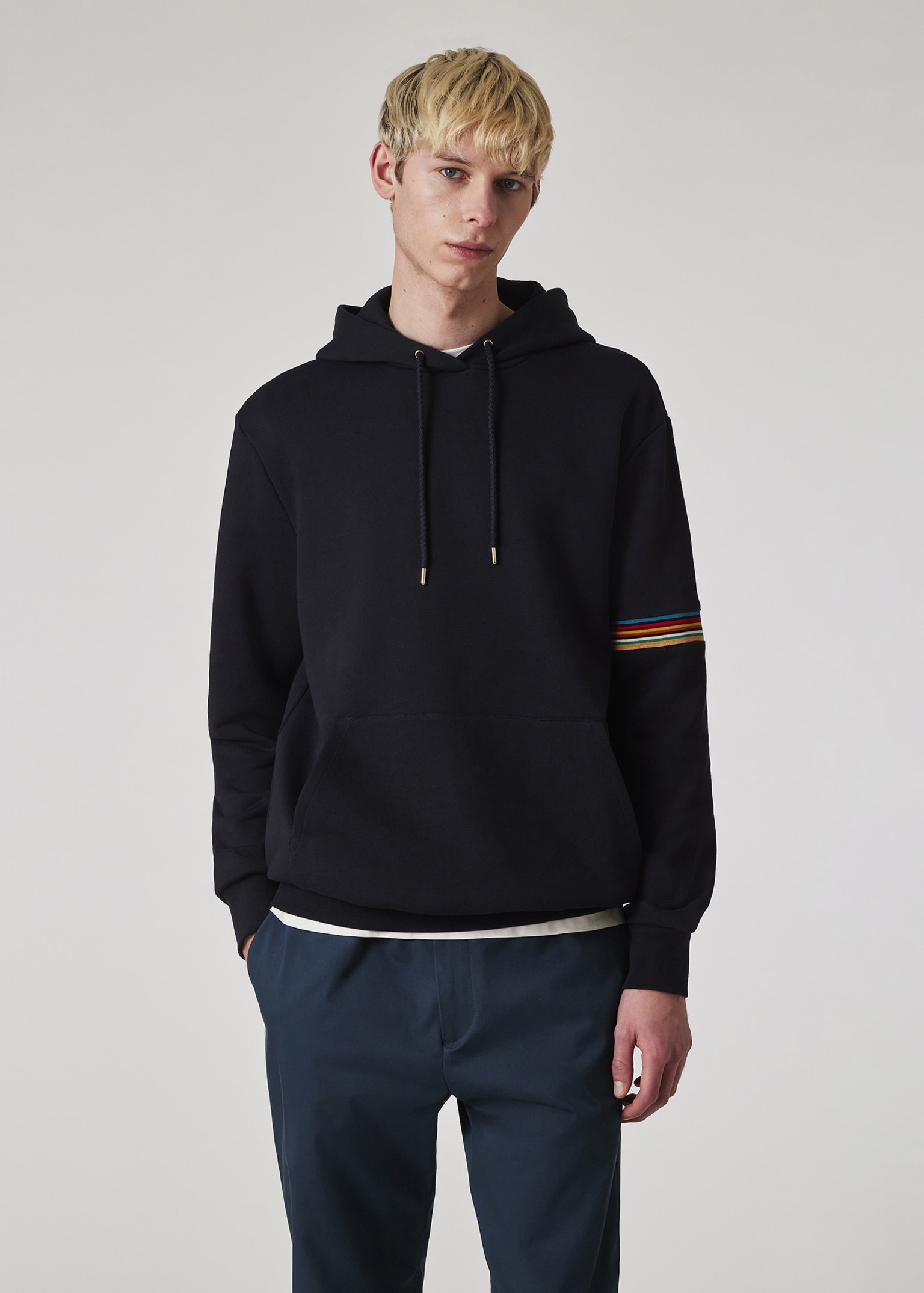 [Paul Smith] ★ポールスミス★Bicolor Logo Embroidered Hoodie Men's Navy Blue 'Signature Stripe' Trim Hoodie