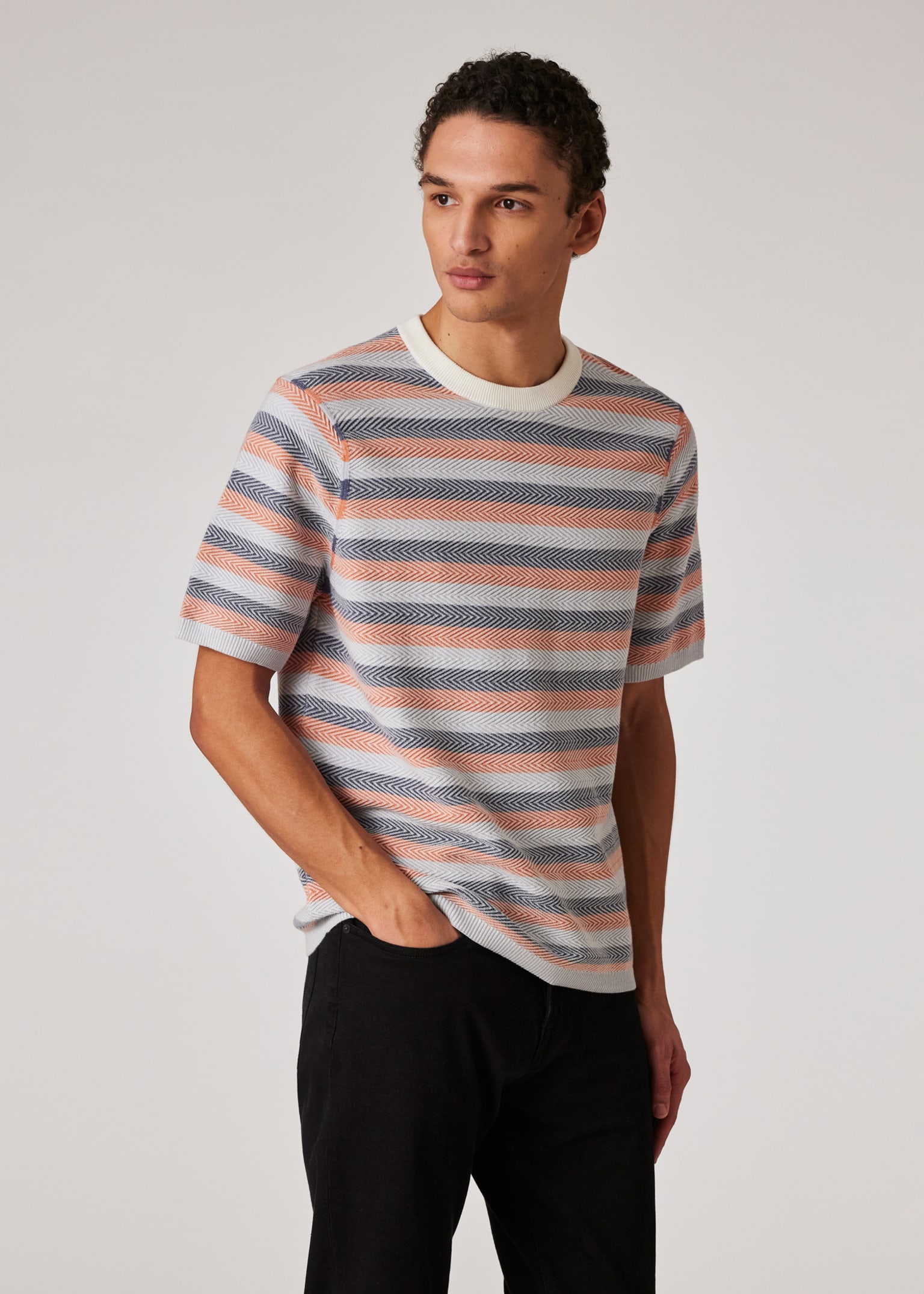 Men's Blue And Orange Textured Stripe Knitted T-Shirt