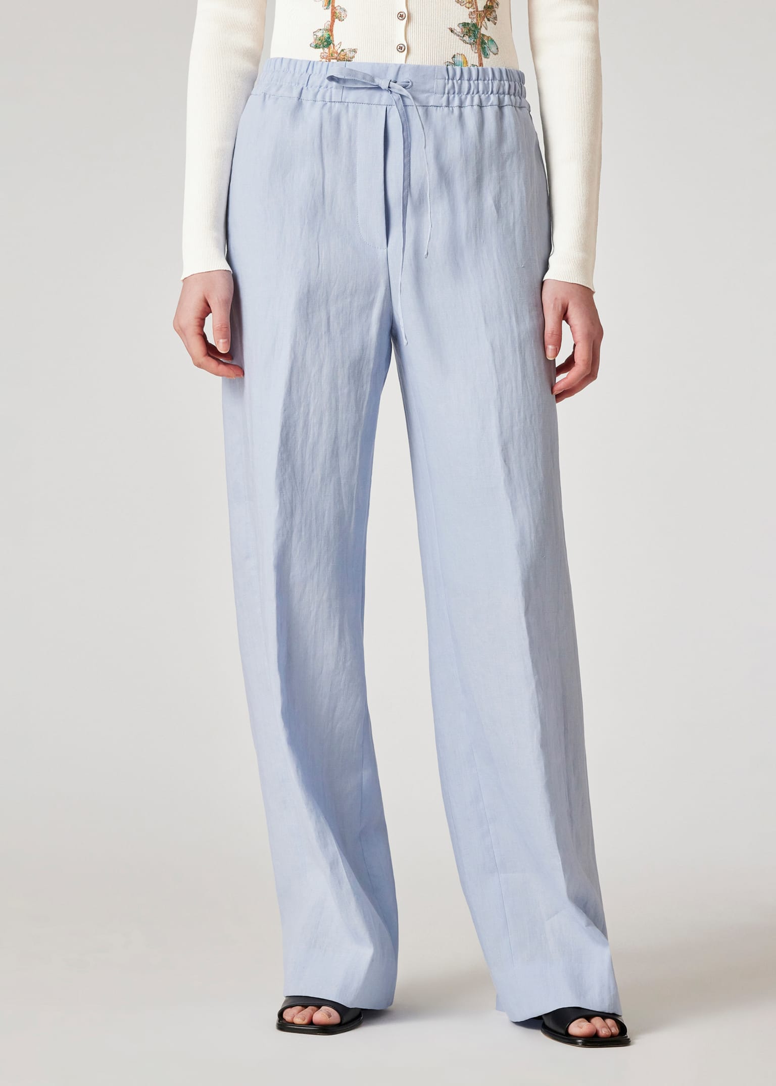 Women's Pale Blue Linen Wide Leg Drawstring Trousers