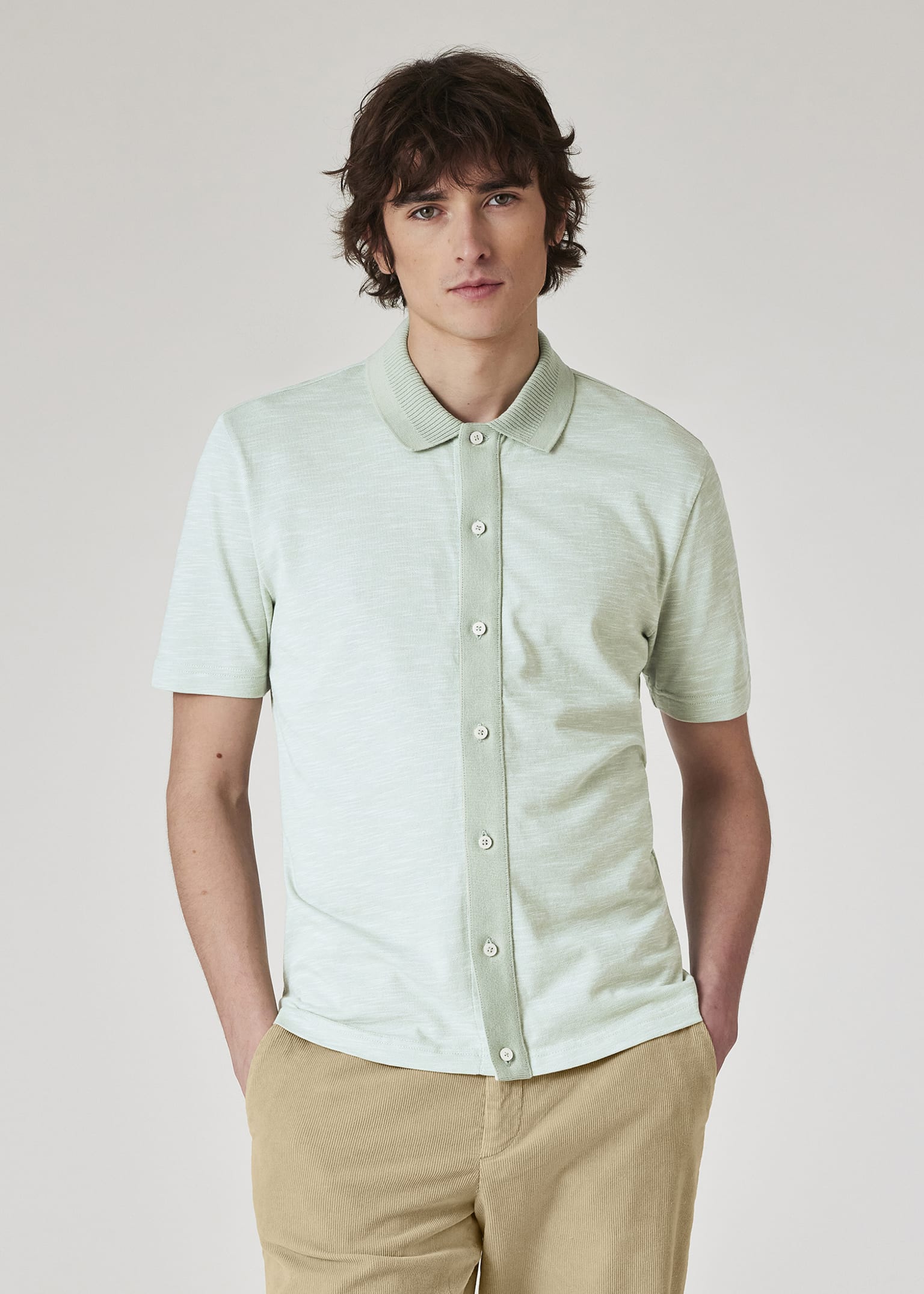 Men's Light Green Button-Front Polo Shirt