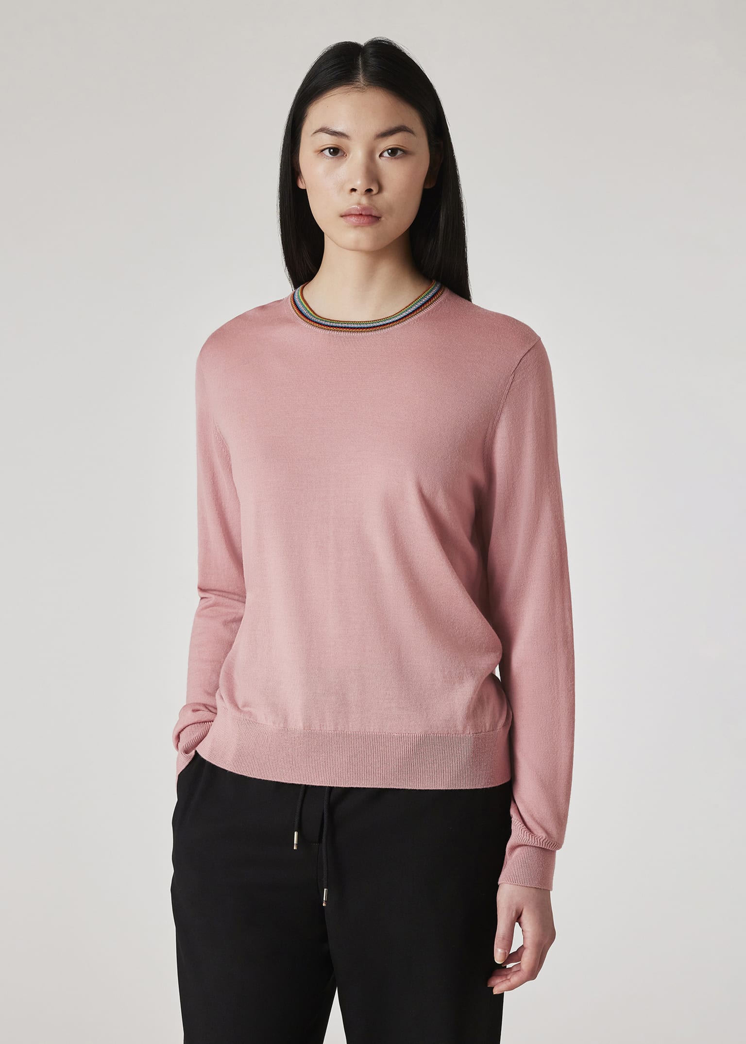 Women's Pink 'Signature Stripe' Crew Neck Merino Wool Sweater