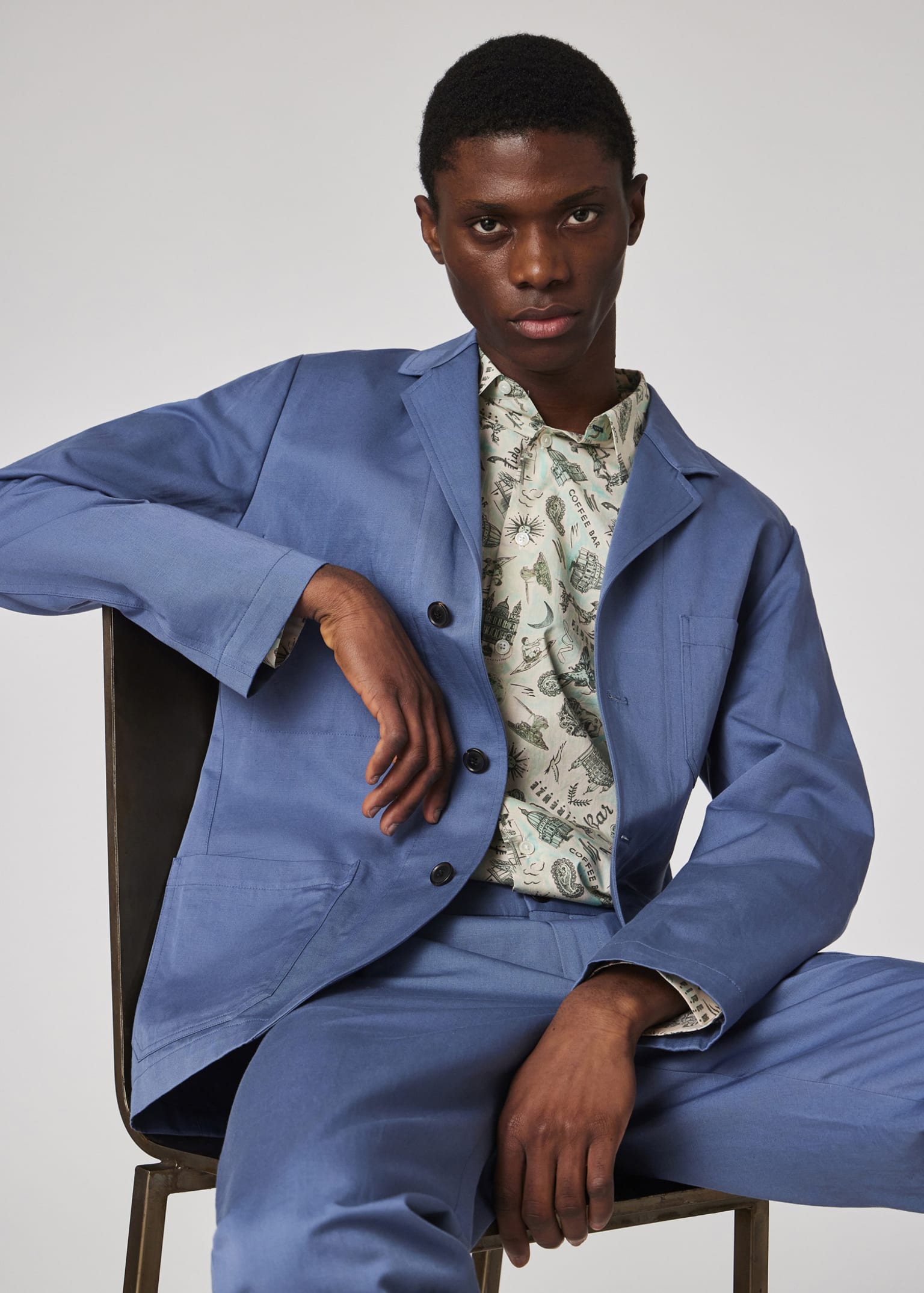 Men's Light Blue Cotton-Linen Twill Work Jacket