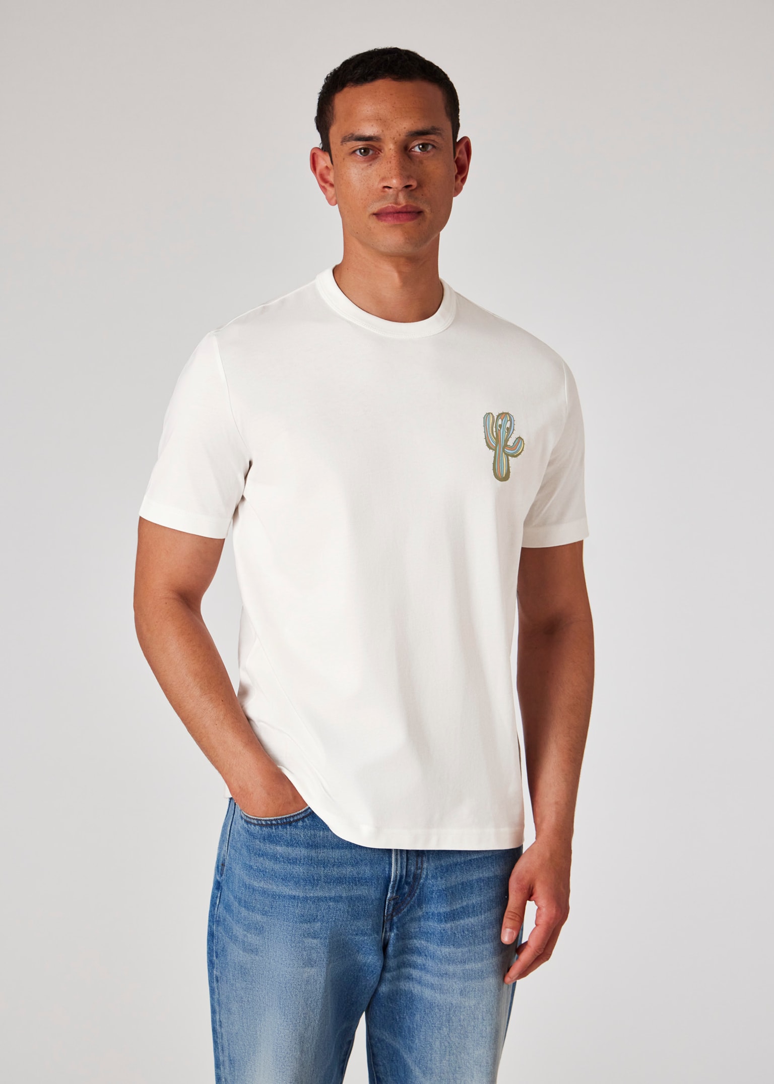 Men's White 'Stripe Cactus' Print T-Shirt