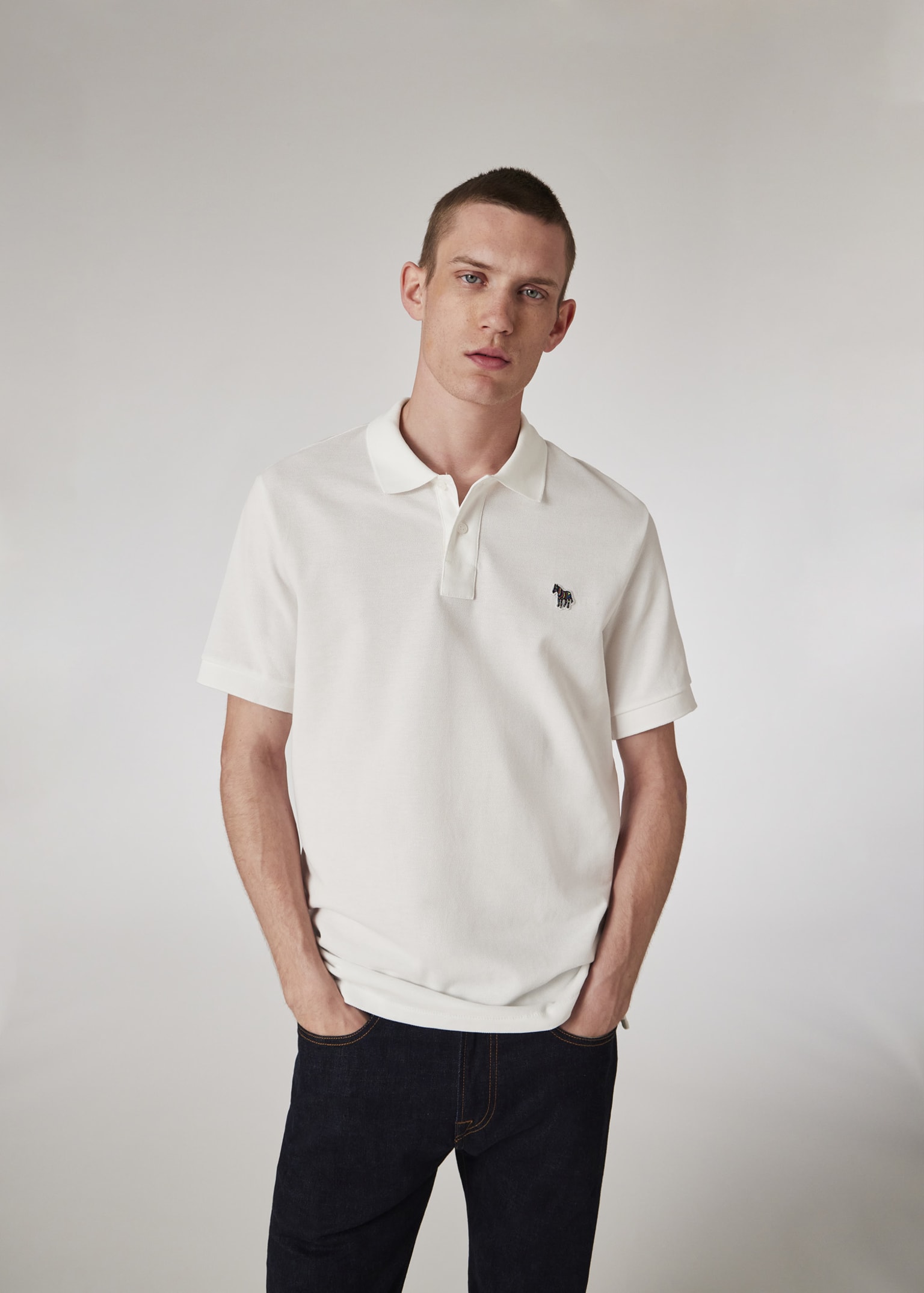 Men's White Cotton-Piqué Zebra Logo Polo Shirt