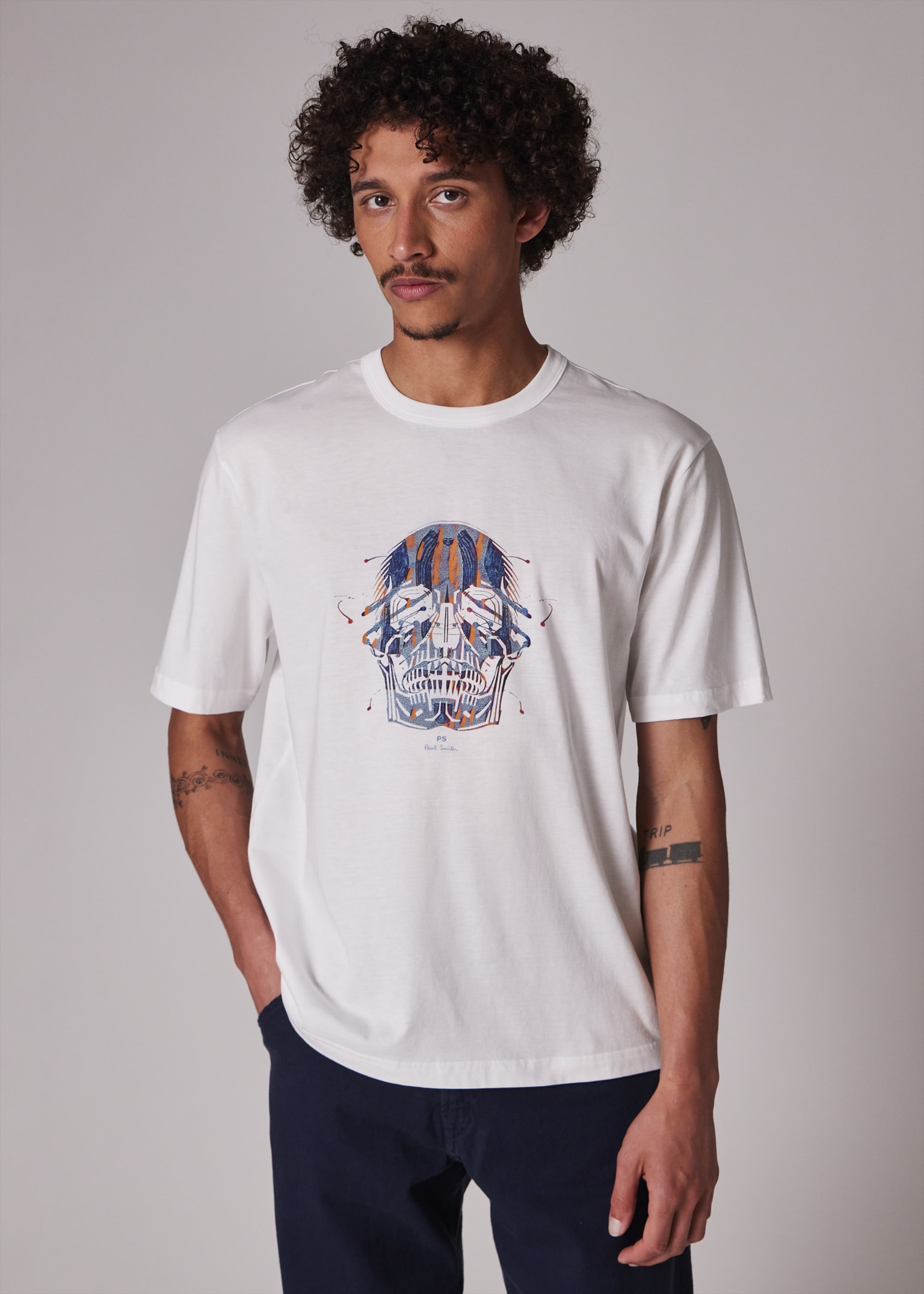 Men's White 'Painted Skull' Print T-Shirt