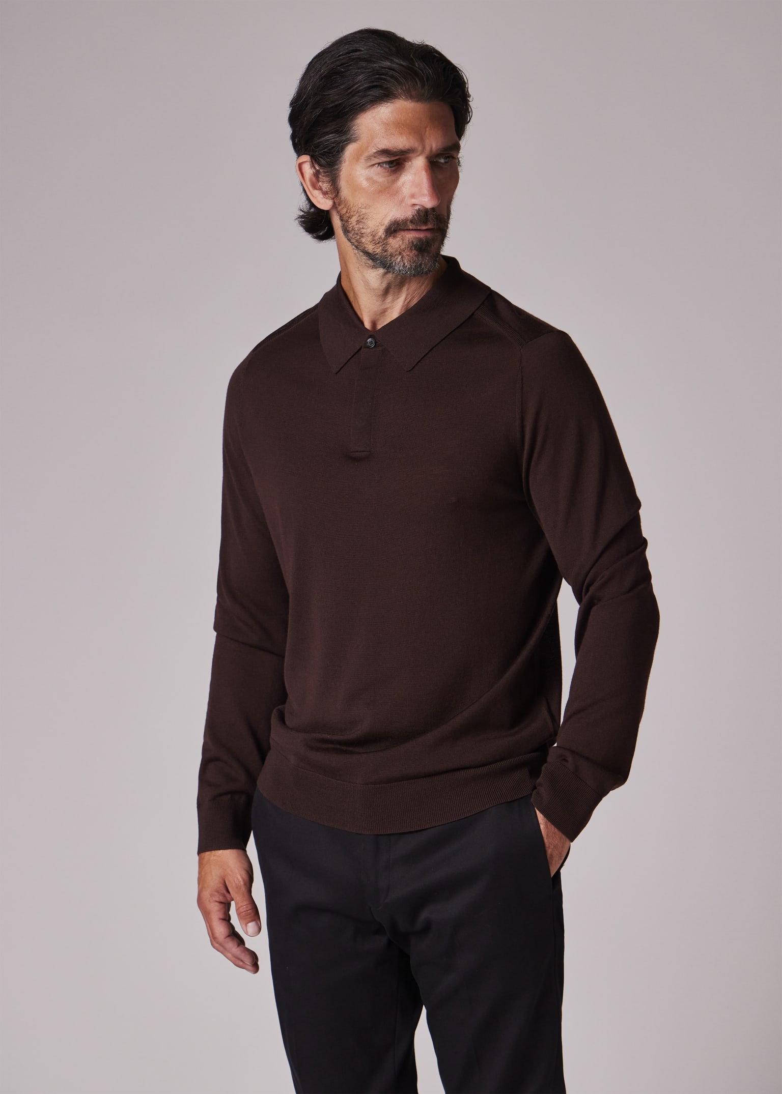 Men's Burgundy Merino Wool Knitted Long-Sleeve Polo Shirt
