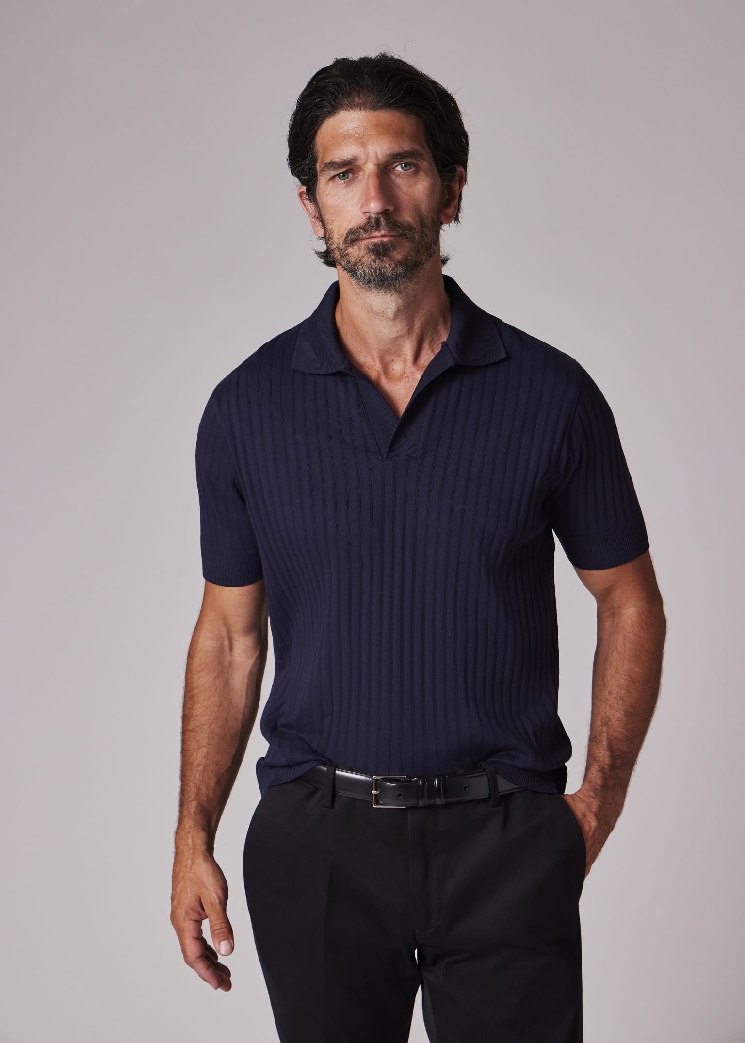 Men's Navy Ribbed Cotton Open-Collar Polo Shirt