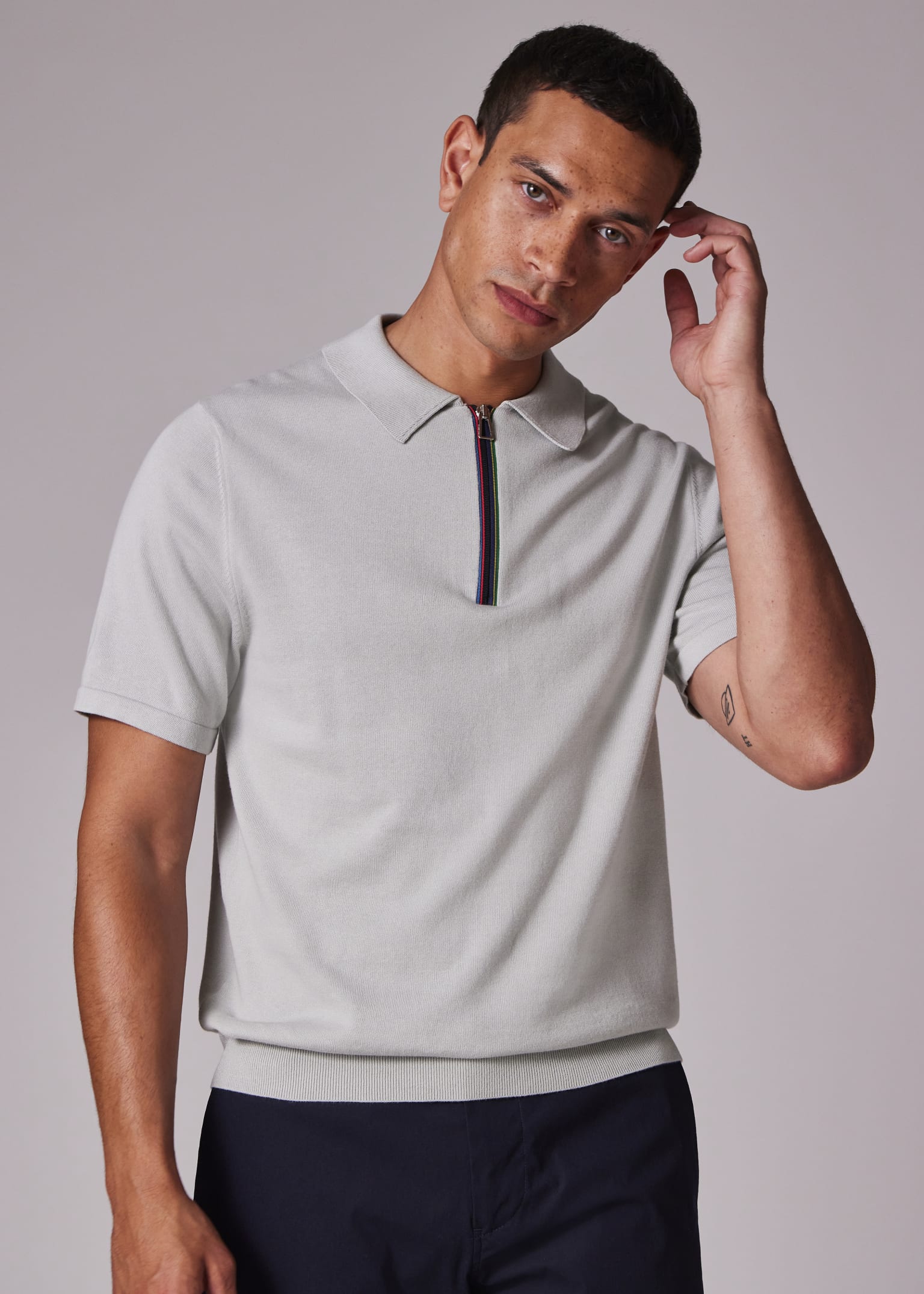 Men's Light Grey 'Sports Stripe' Zip Knitted Cotton Polo Shirt