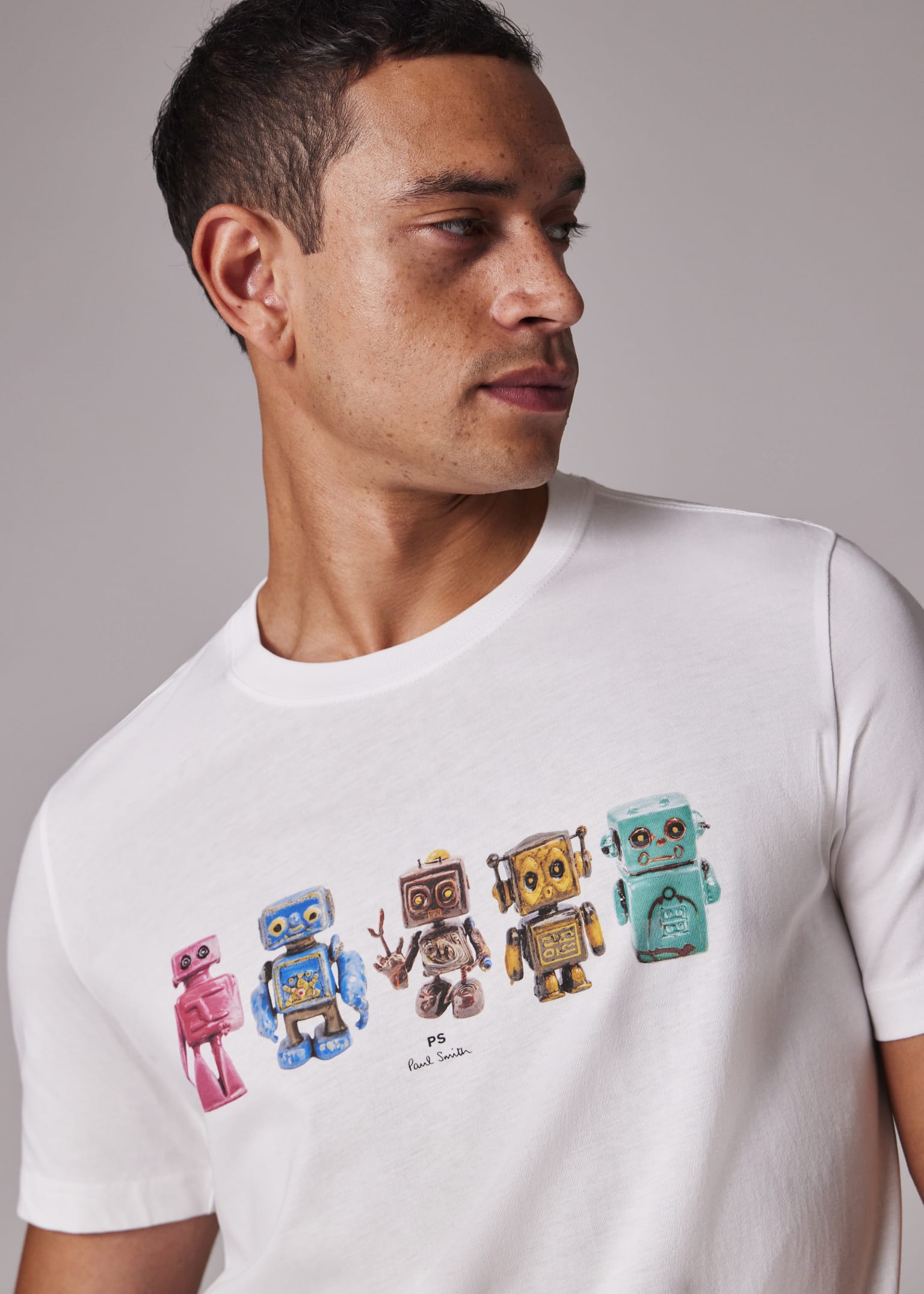 Men's Regular Fit 'Robots' Print White Organic Cotton T-Shirt
