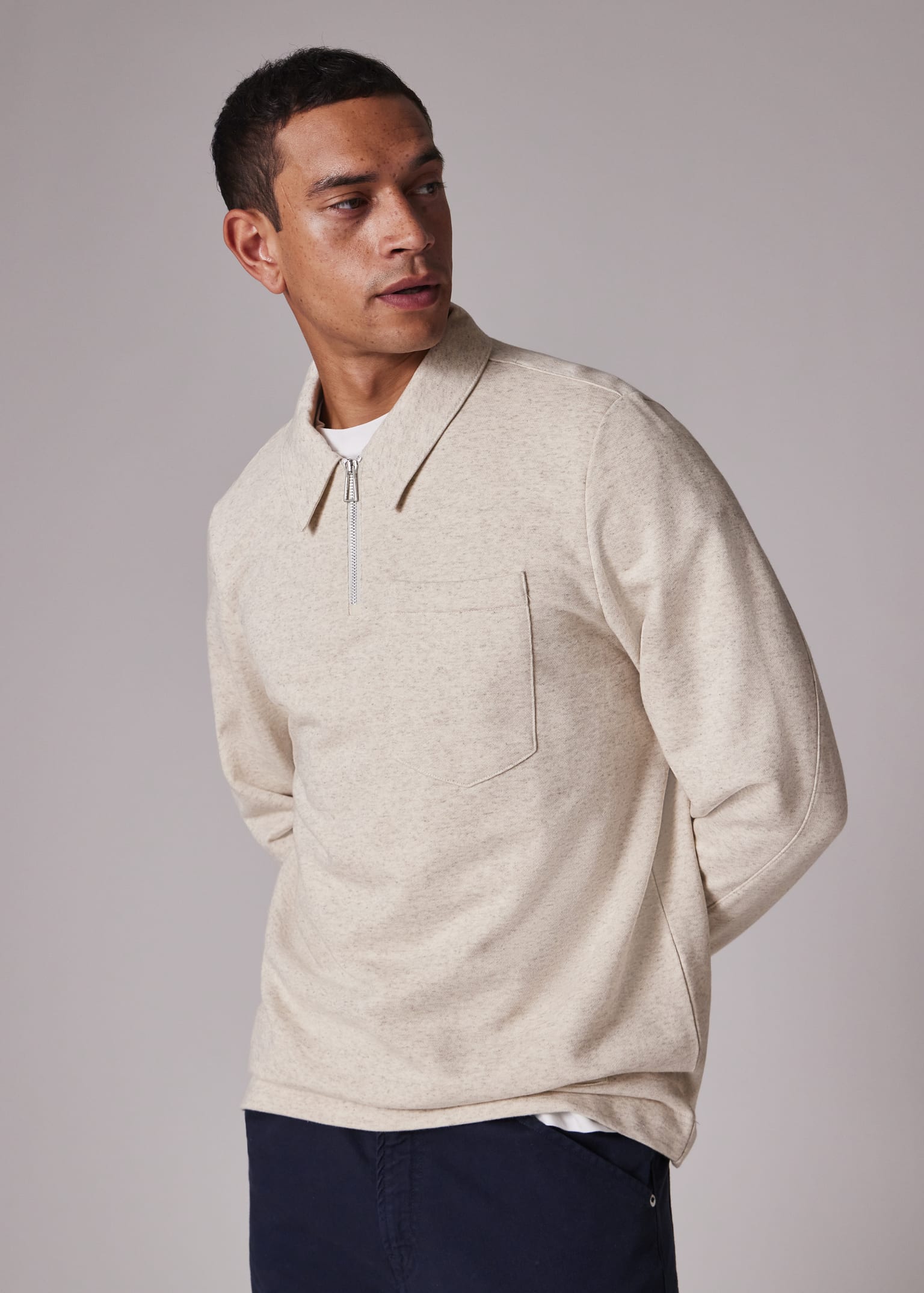 Men's Ecru Marl Cotton-Linen Zip-Neck Sweatshirt