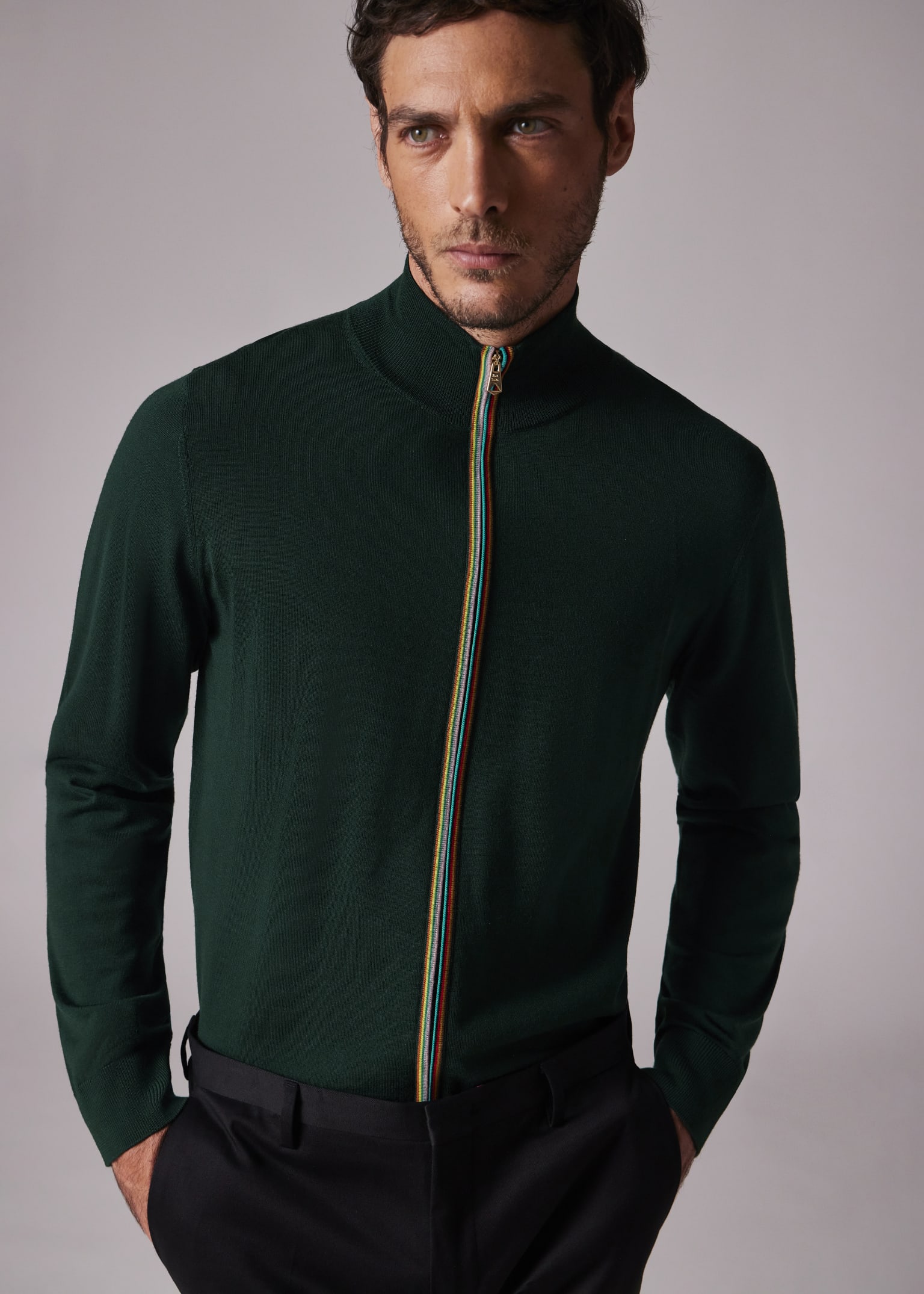 Men's Dark Green Washable Merino Wool 'Signature Stripe' Zip Cardigan