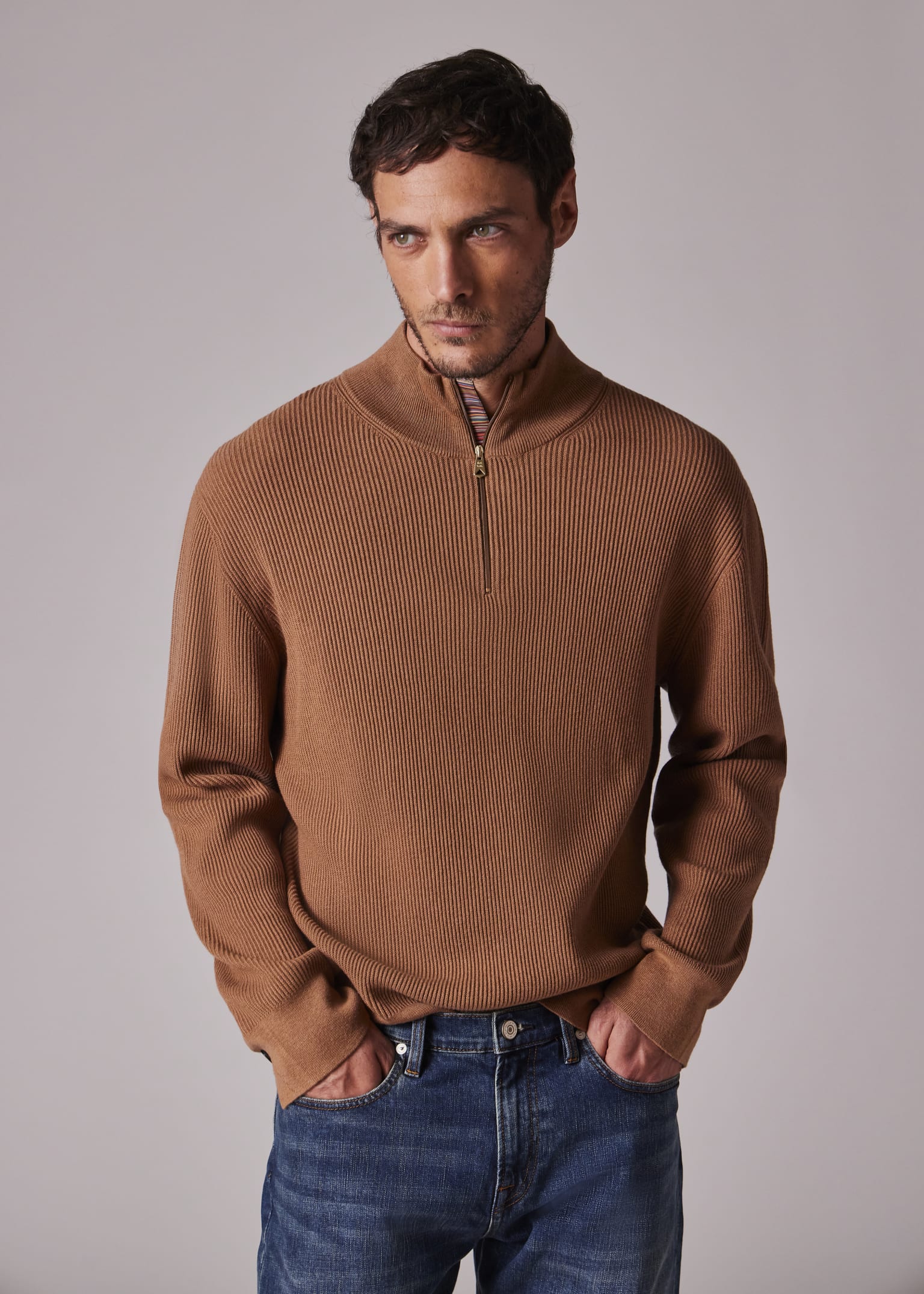 新品タグ付✨️　Paul Smith Collection　　カシミヤ　ニット Men's Chestnut Wool-Blend Half Zip Ribbed Knitted Sweater