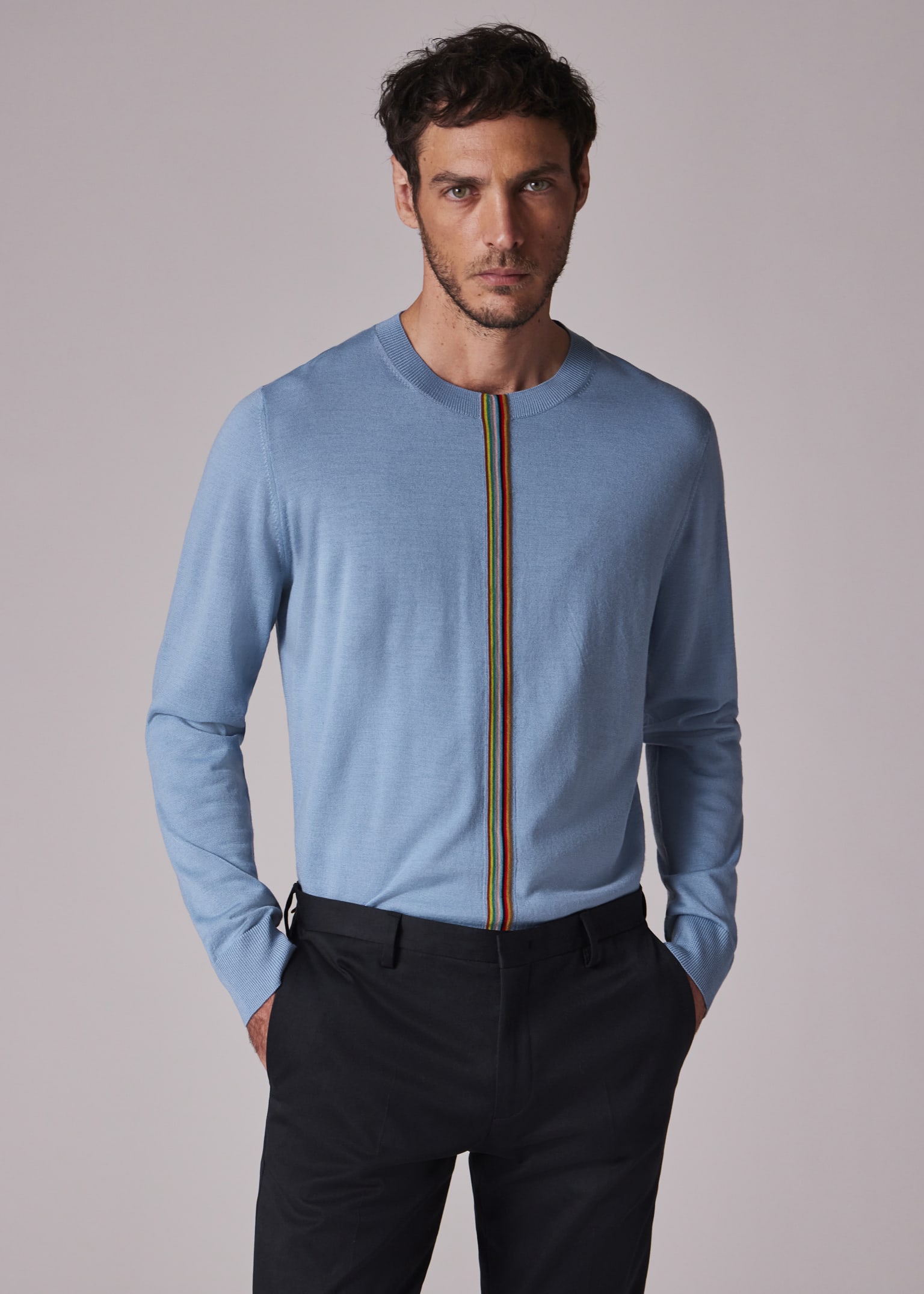 パーカー・フーディ Paul Smith Merino Wool Jersey With Striped Detailing Men's Light Blue 'Signature Stripe' Merino Wool Sweater