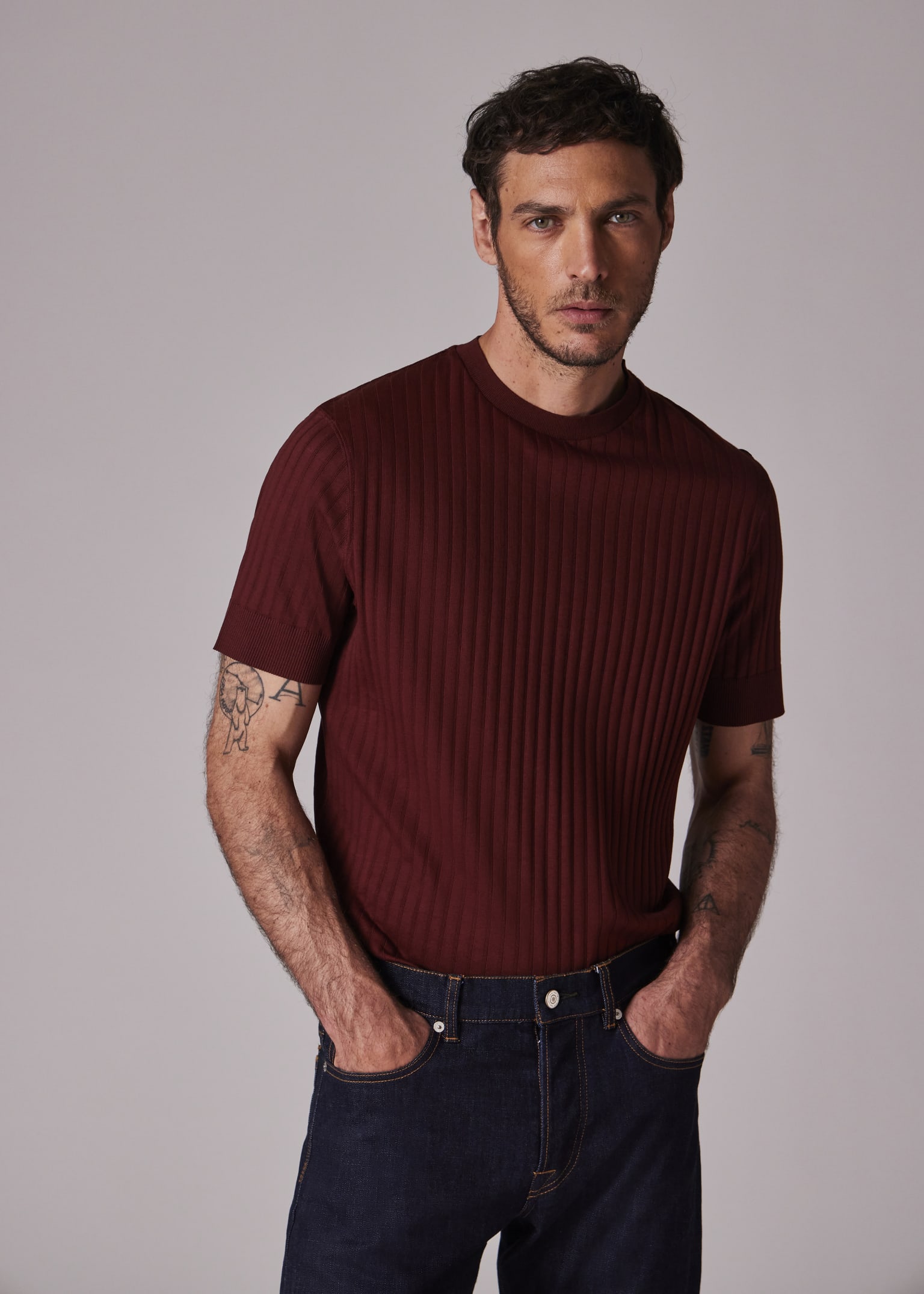 Men's Burgundy Integrated Rib Cotton T-Shirt