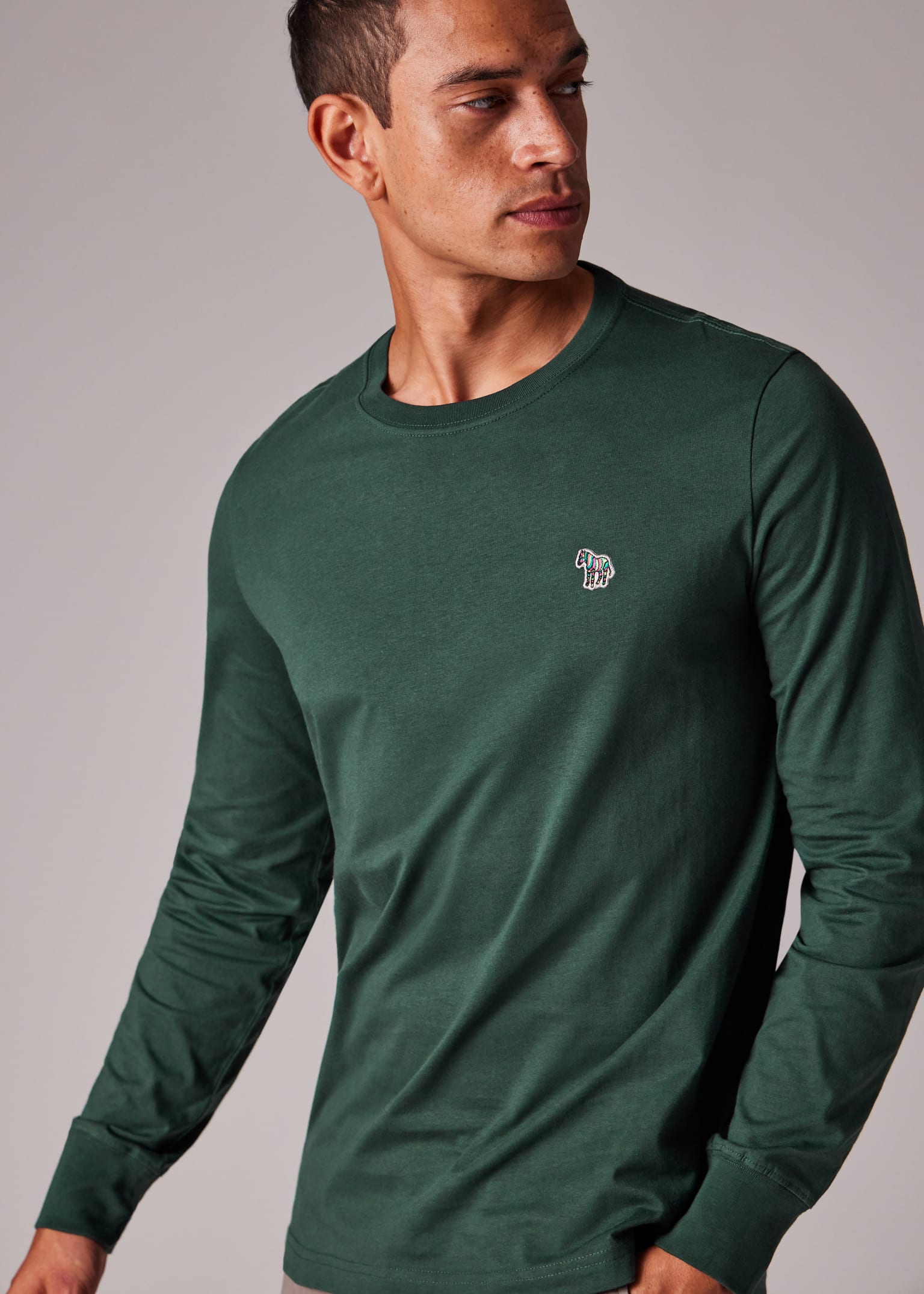 Dark Green Cotton Zebra Logo Long-Sleeve T-Shirt