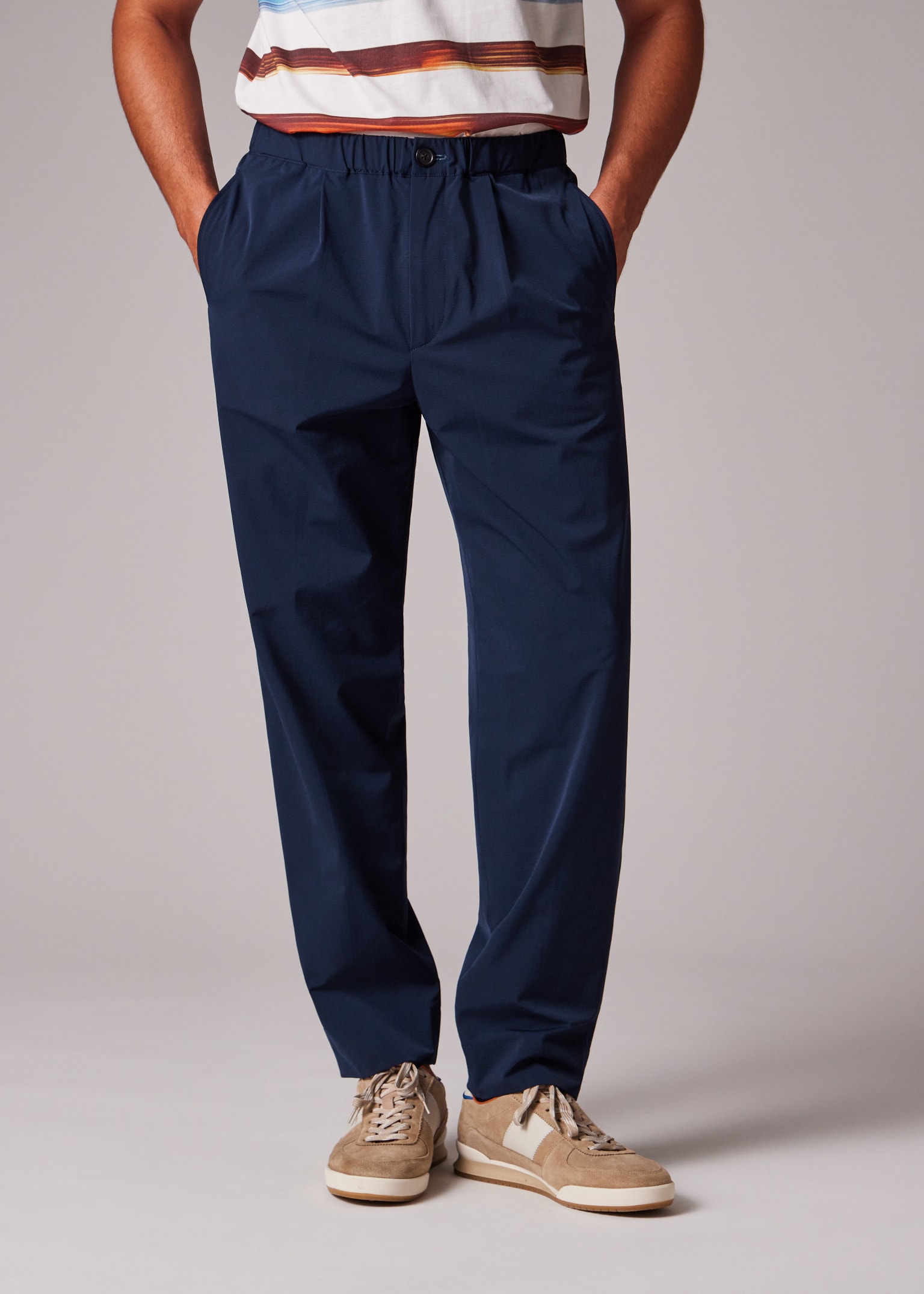 Men's Navy Stretch Pleated Trousers