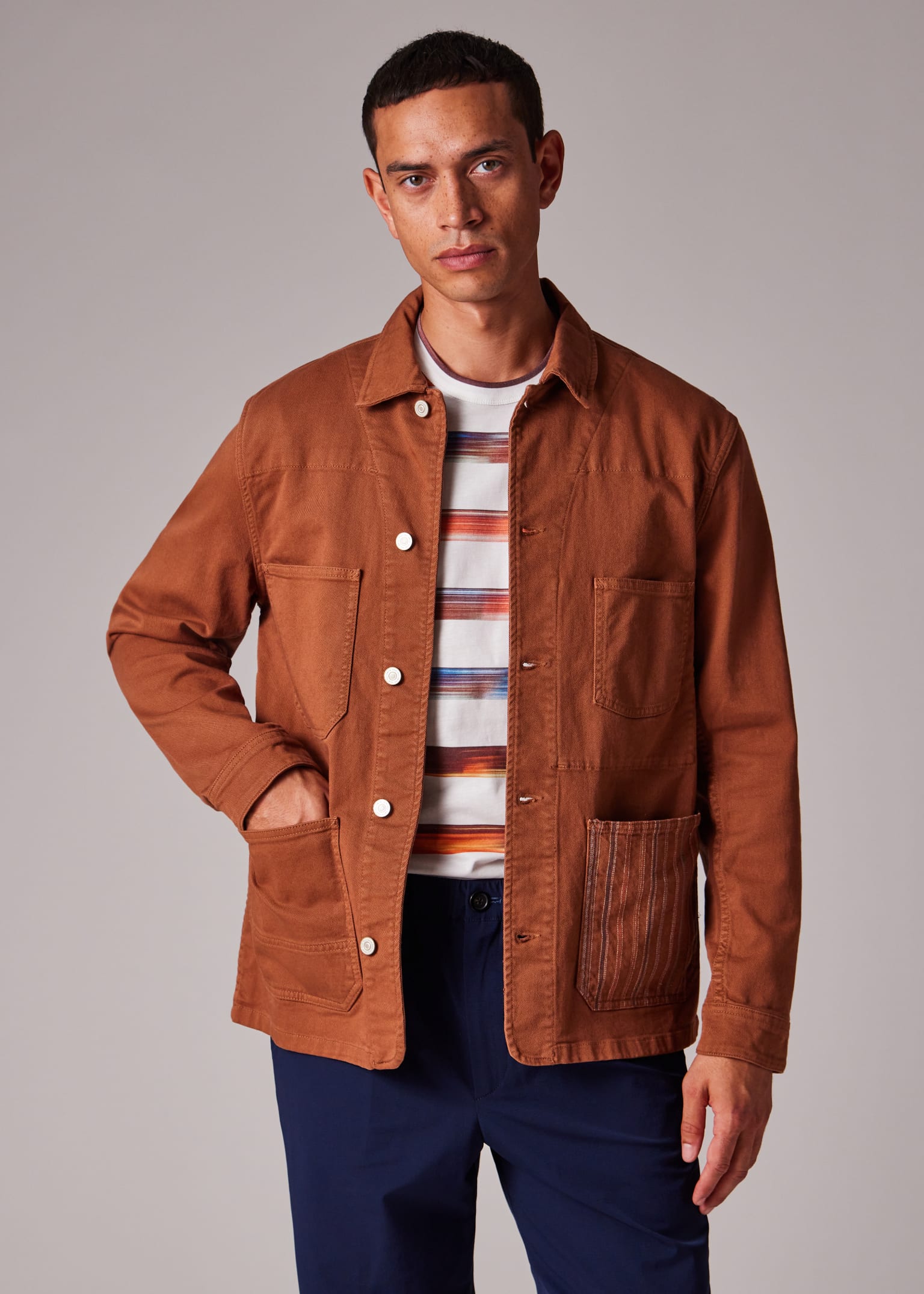 Rust Stretch Cotton-Twill Embroidered Stripe Chore Jacket