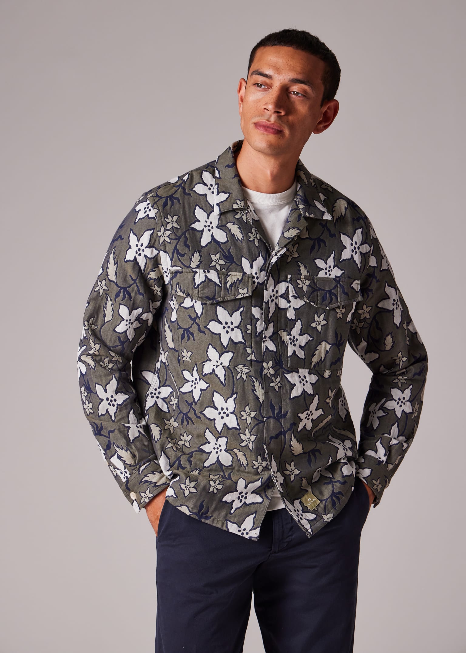 Men's Khaki Floral Double-Face Cotton Shirt