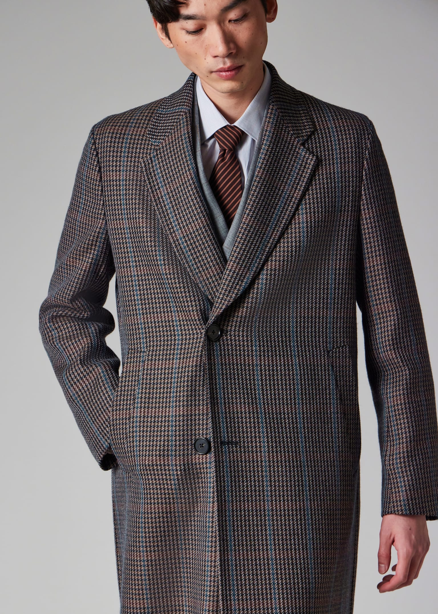 Men's Brown Multi-Houndstooth Wool-Blend Overcoat