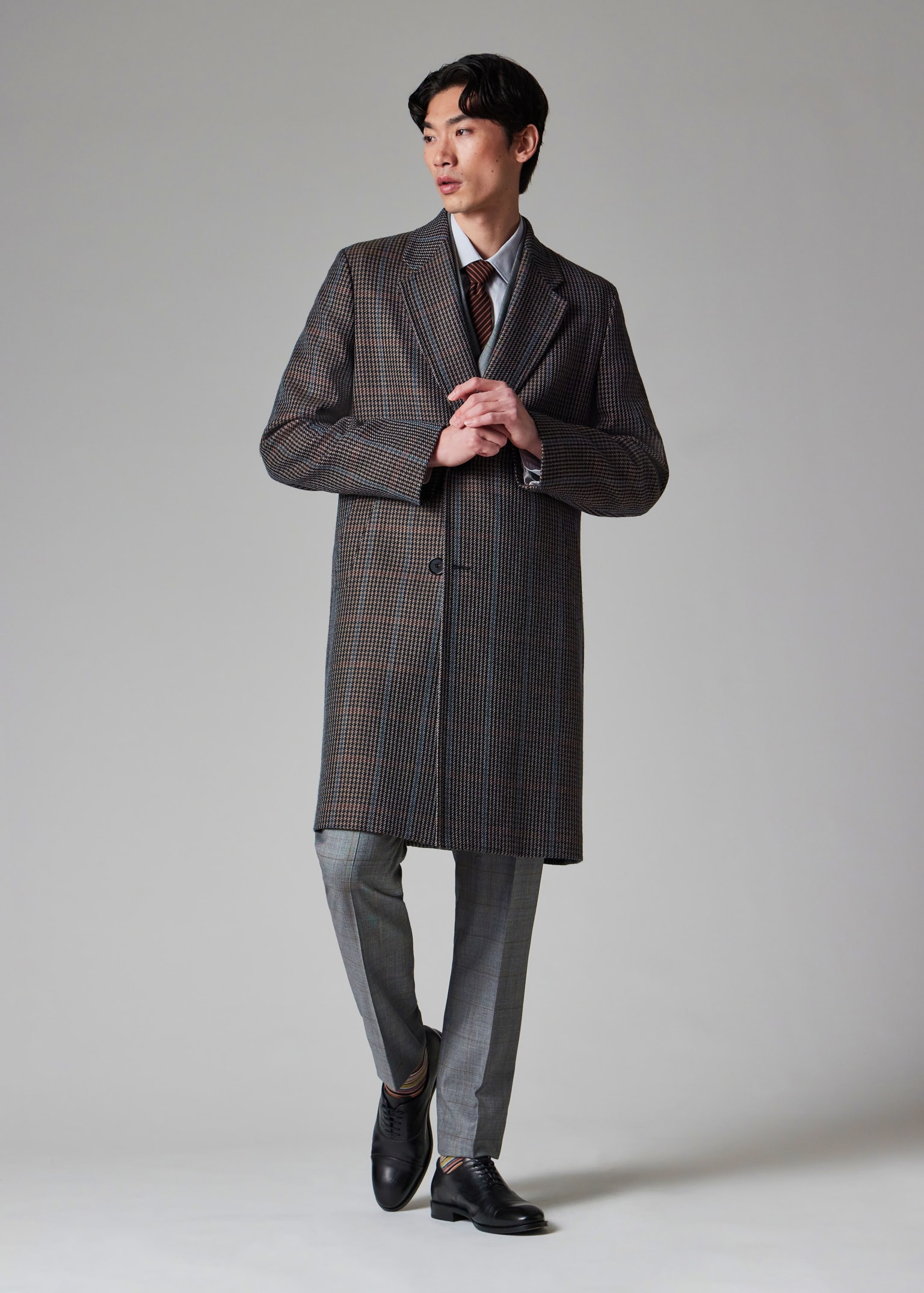 Men's Brown Multi-Houndstooth Wool-Blend Overcoat